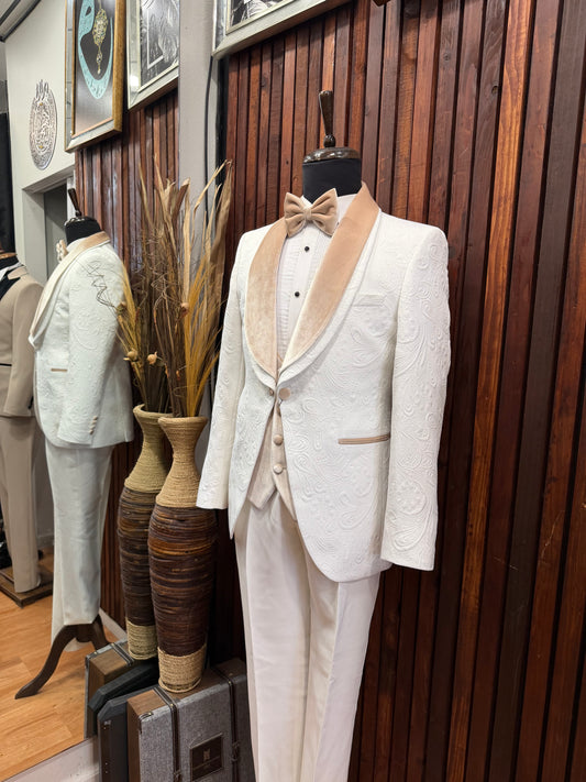Mens White Tuxedo with champagne velvet lapel