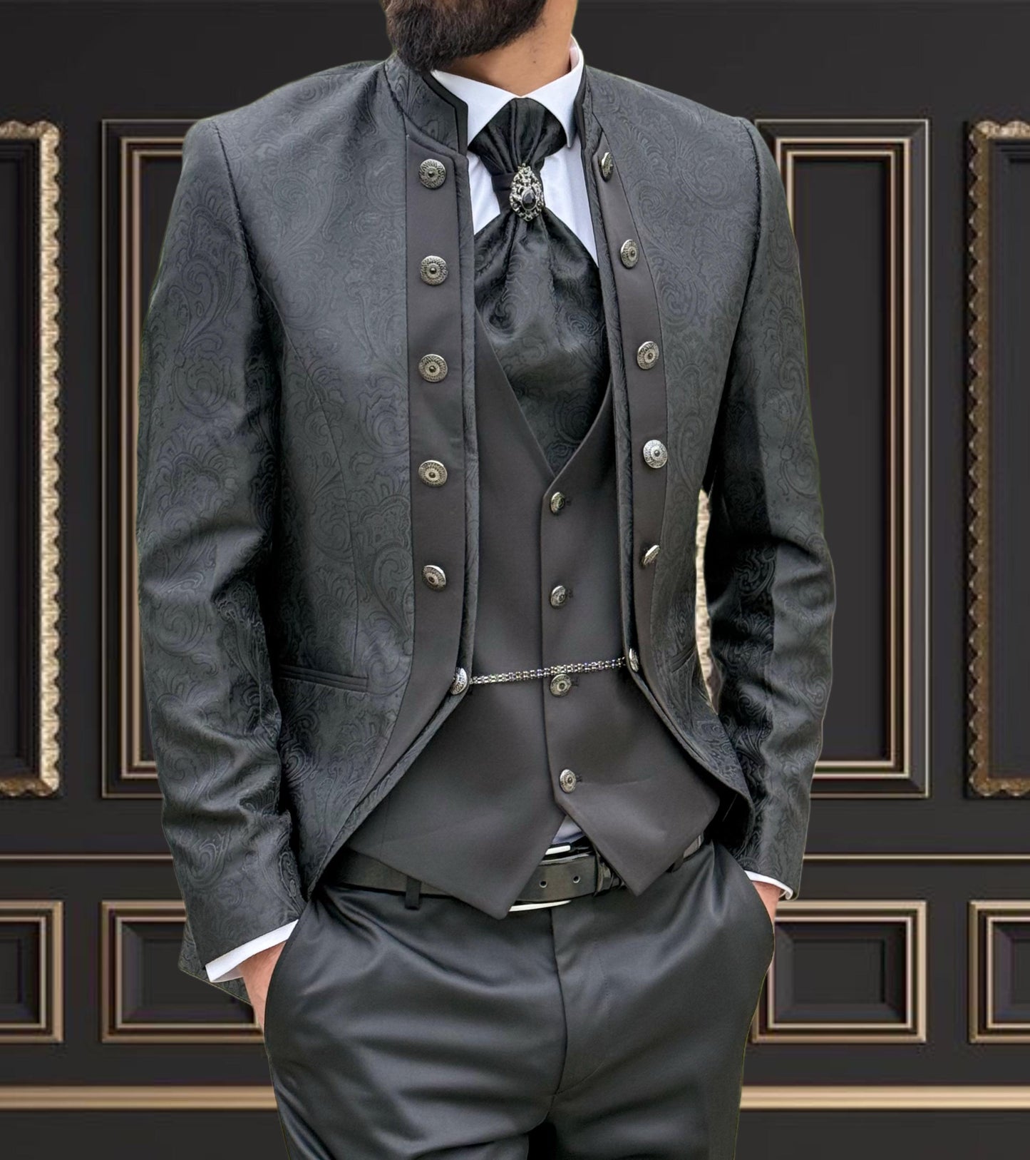 Men's Black Jacquard Tuxedo mandarin collar