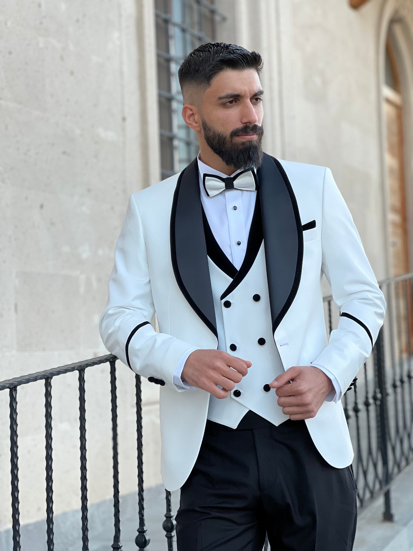 Men's Off-White Tuxedo with Black Satin Lapel | Premium Formal Wear