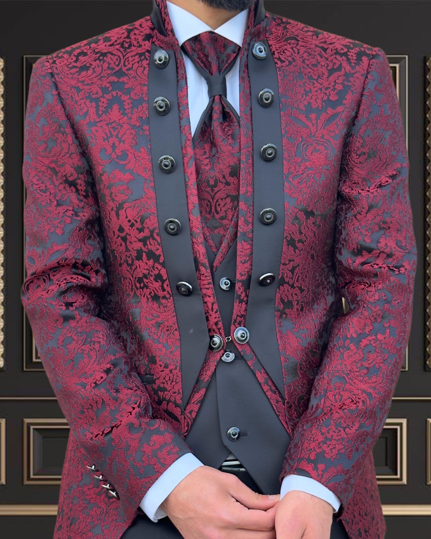 Men's Burgundy Mandarin Collar Tuxedo | Slim Fit Premium Tux