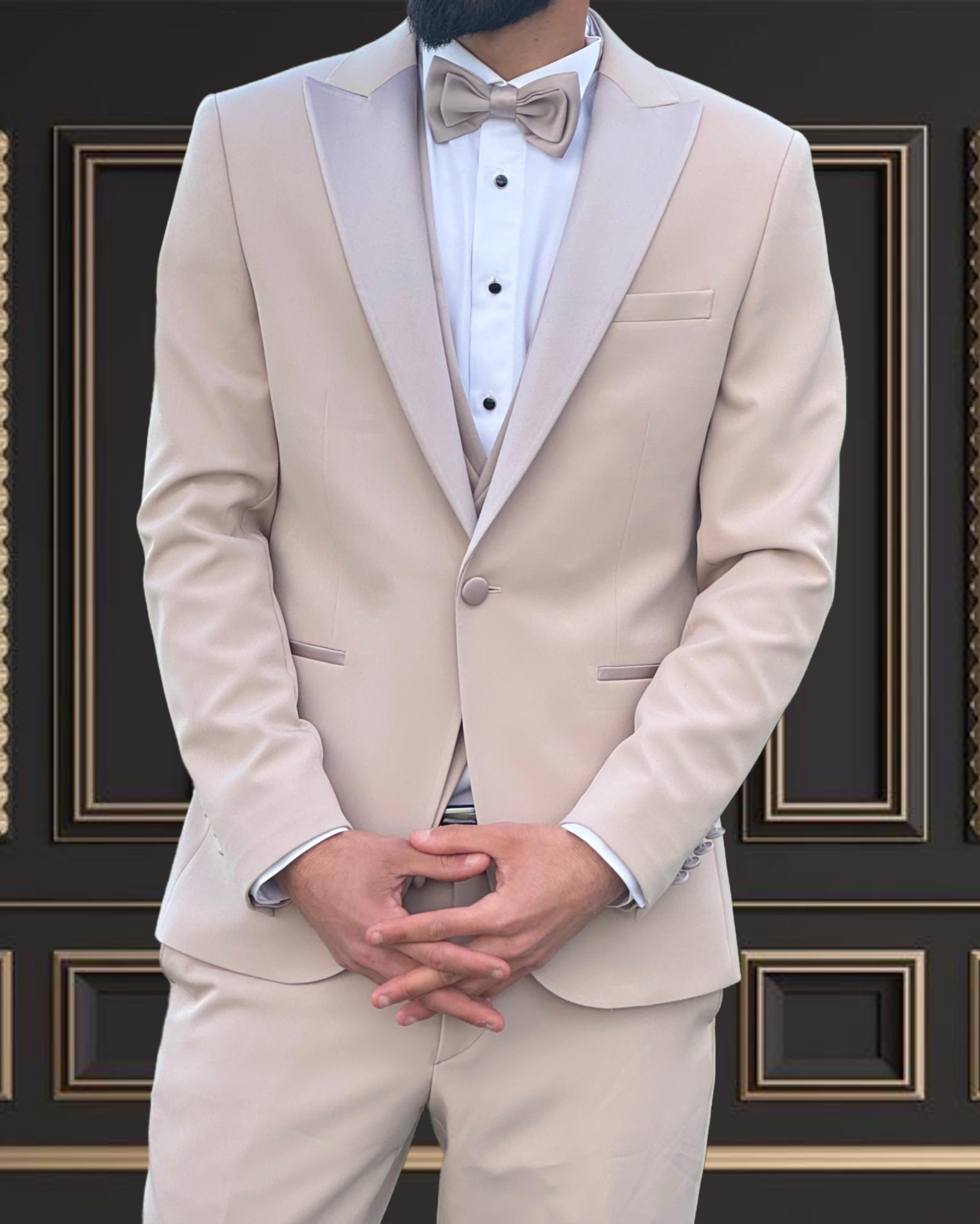 beige tuxedo dress HolloMen Birch Beige 3-Piece Wedding Tuxedo Suit