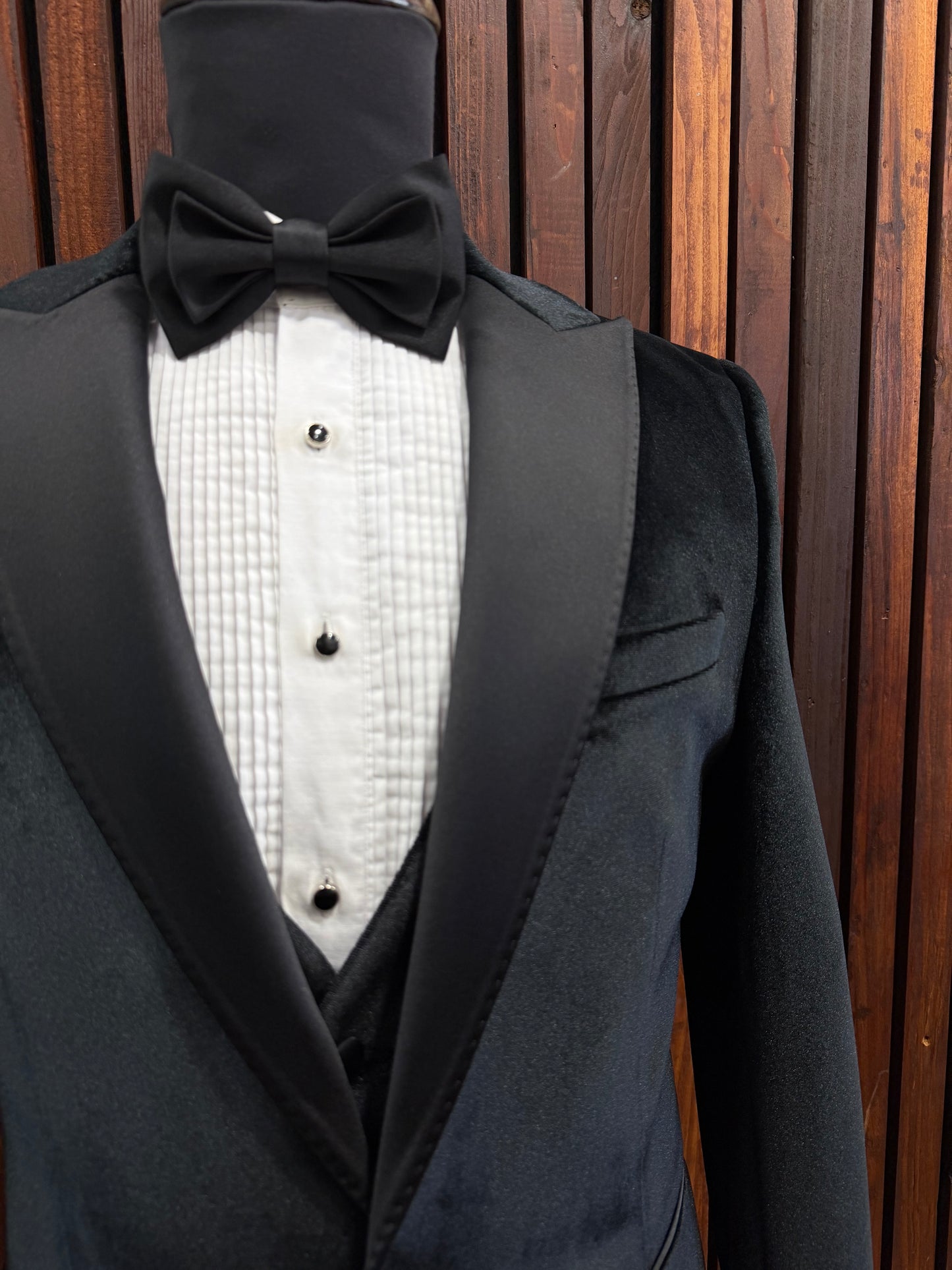 Mens Black Velvet Tuxedo with Satan Peak Lapel