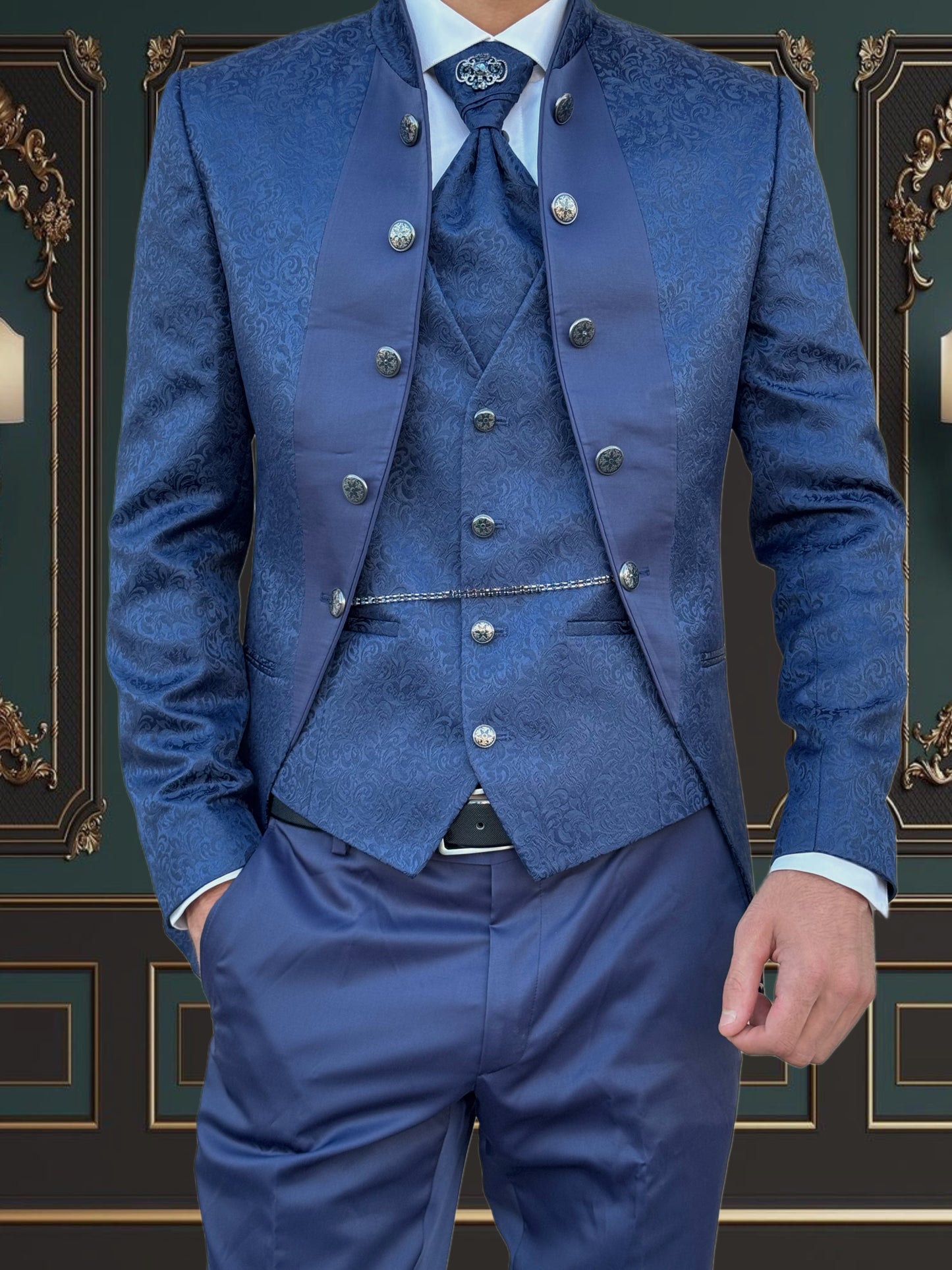 Men's Blue Mandarin Collar Tuxedo | Slim Fit Premium Formal Wear