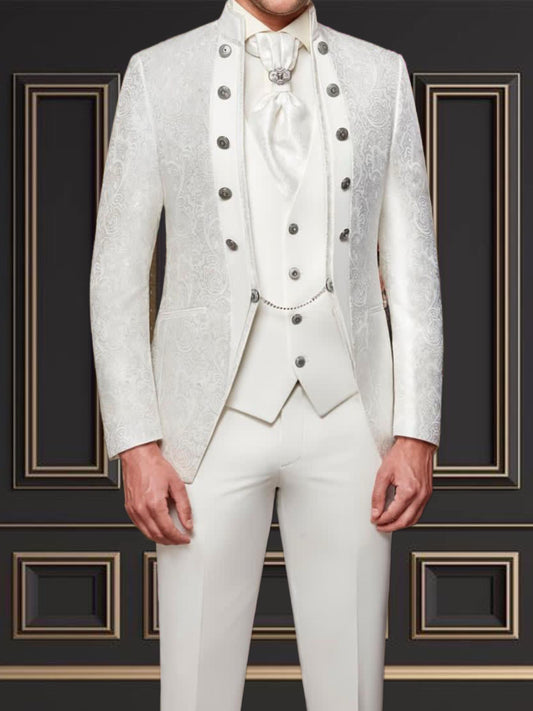 Men's white floral tuxedo with mandarin collar, ideal for weddings and upscale events.