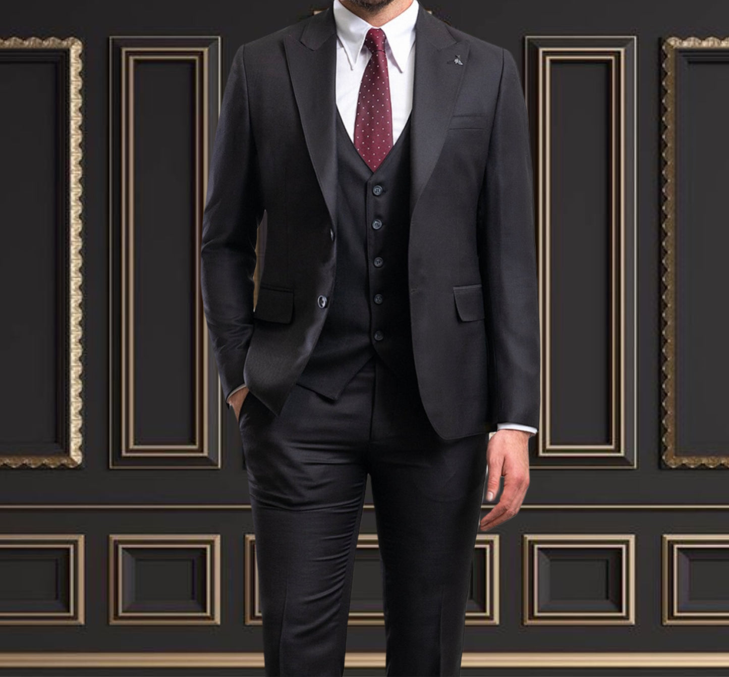 Men's black wool suit styled with a white shirt and maroon tie, perfect for formal occasions.