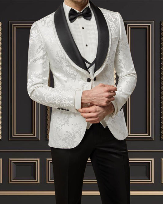 Premium Men's White Floral Tuxedo with Black Shawl Lapel – Elegant & Modern