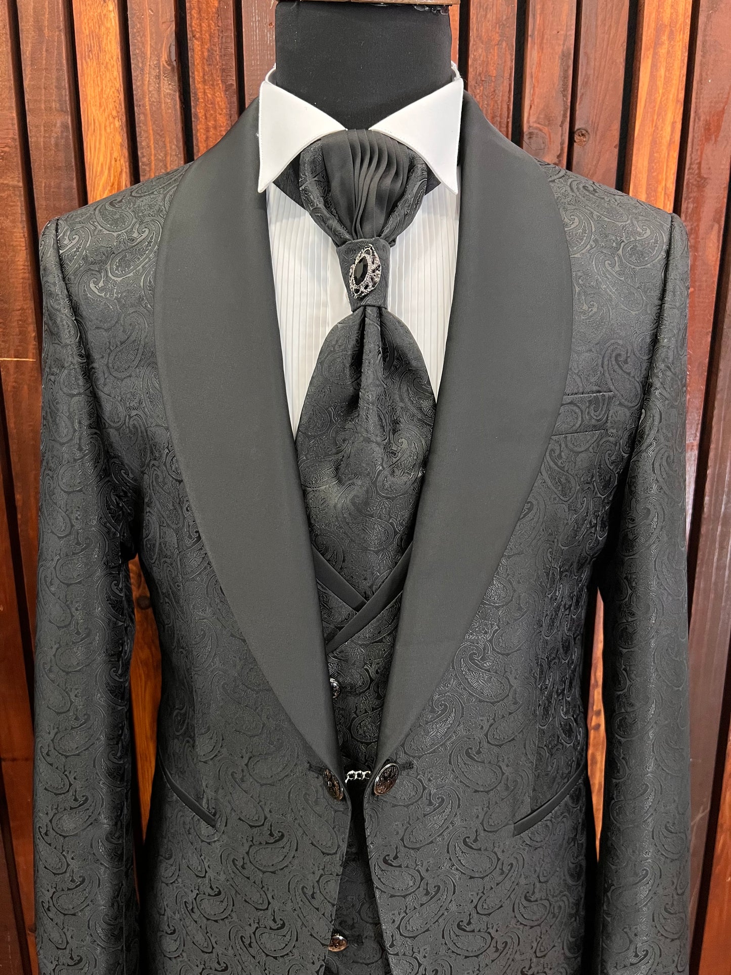 Mens Slim Fit Black Tuxedo | Shawl Lapel Floral Tuxedo | Wedding & Special Events