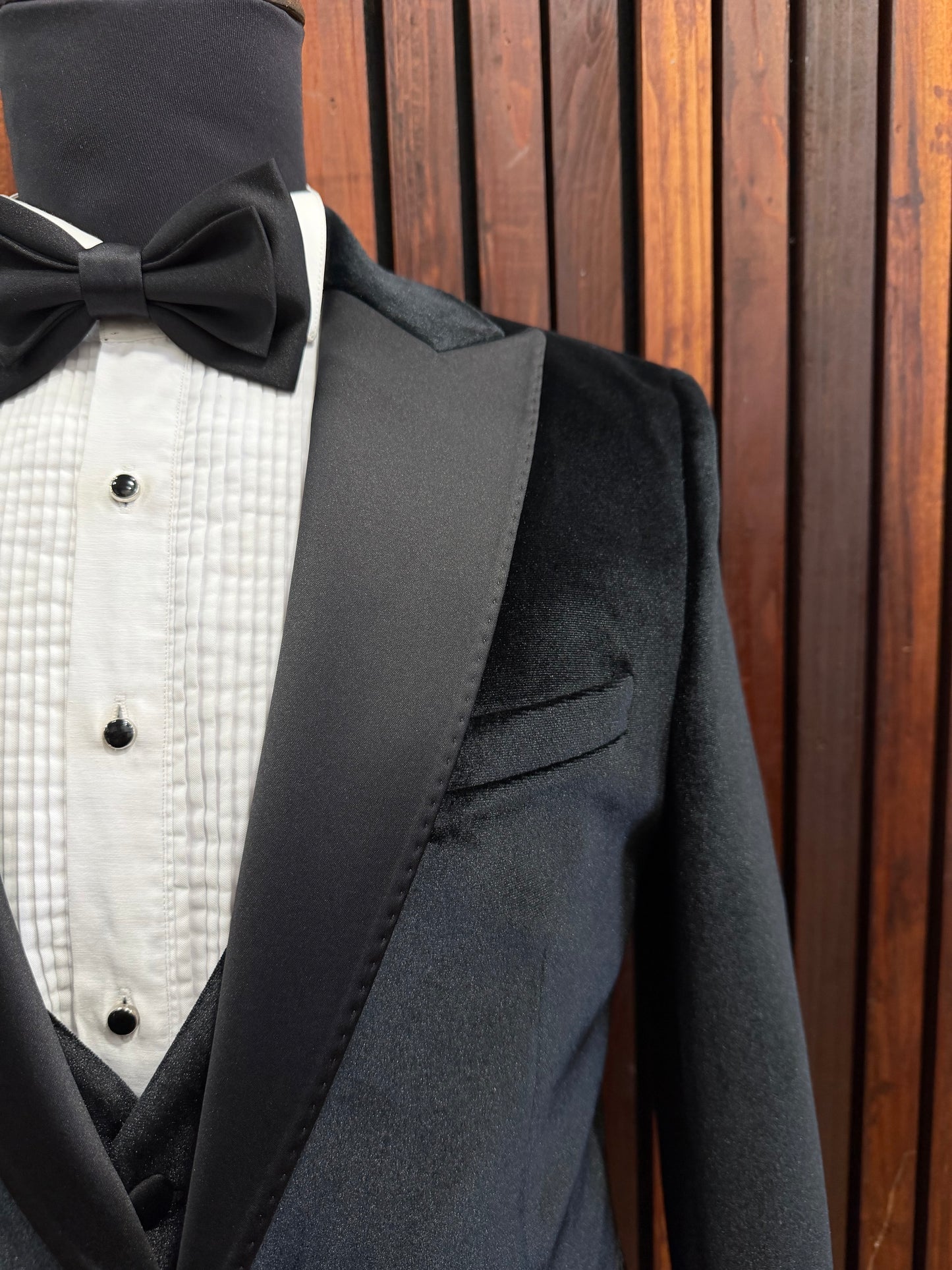 Mens Black Velvet Tuxedo with Satan Peak Lapel