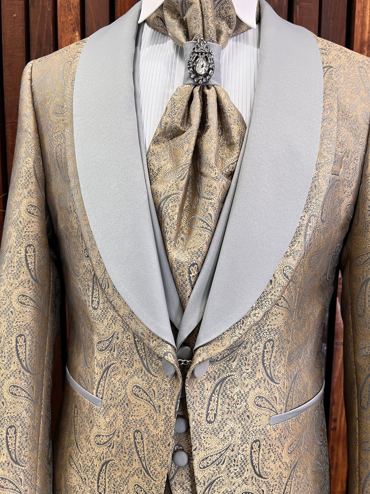 Men's Gold Tuxedo with Grey Shawl Lapel | Luxurious Formal Wear