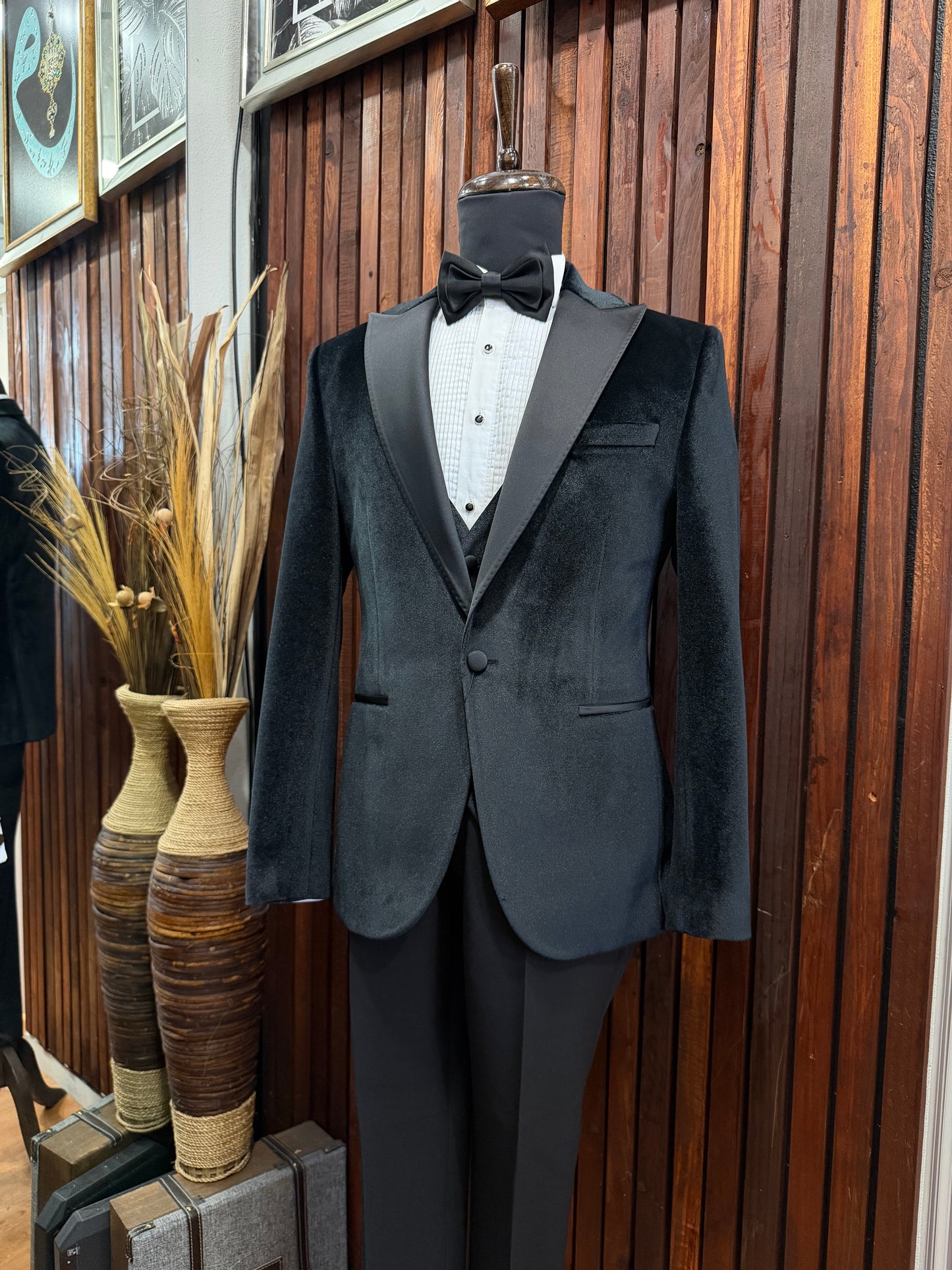 Mens Black Velvet Tuxedo with Satan Peak Lapel