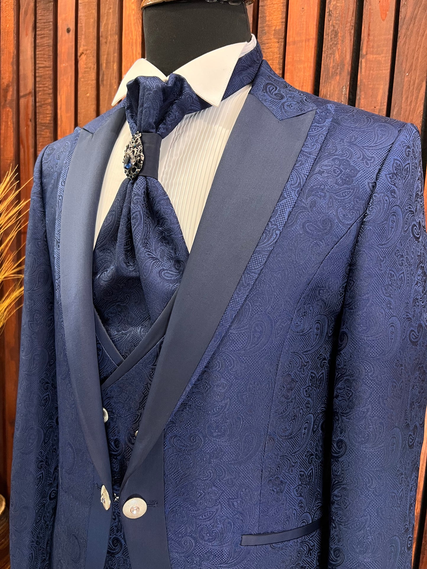 Mens Slim Fit Blue Tuxedo | Peak Lapel Floral Tuxedo | Wedding & Special Events