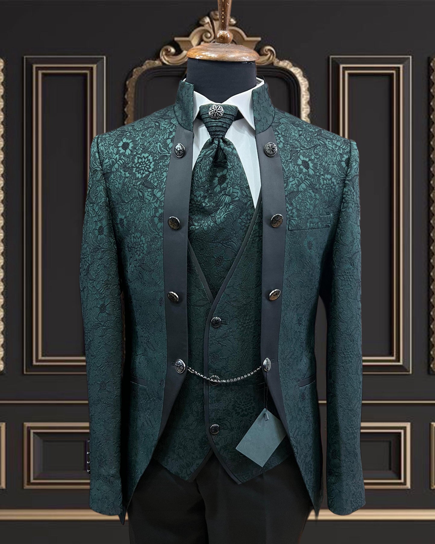 Men's Green Floral Mandarin Collar Tuxedo