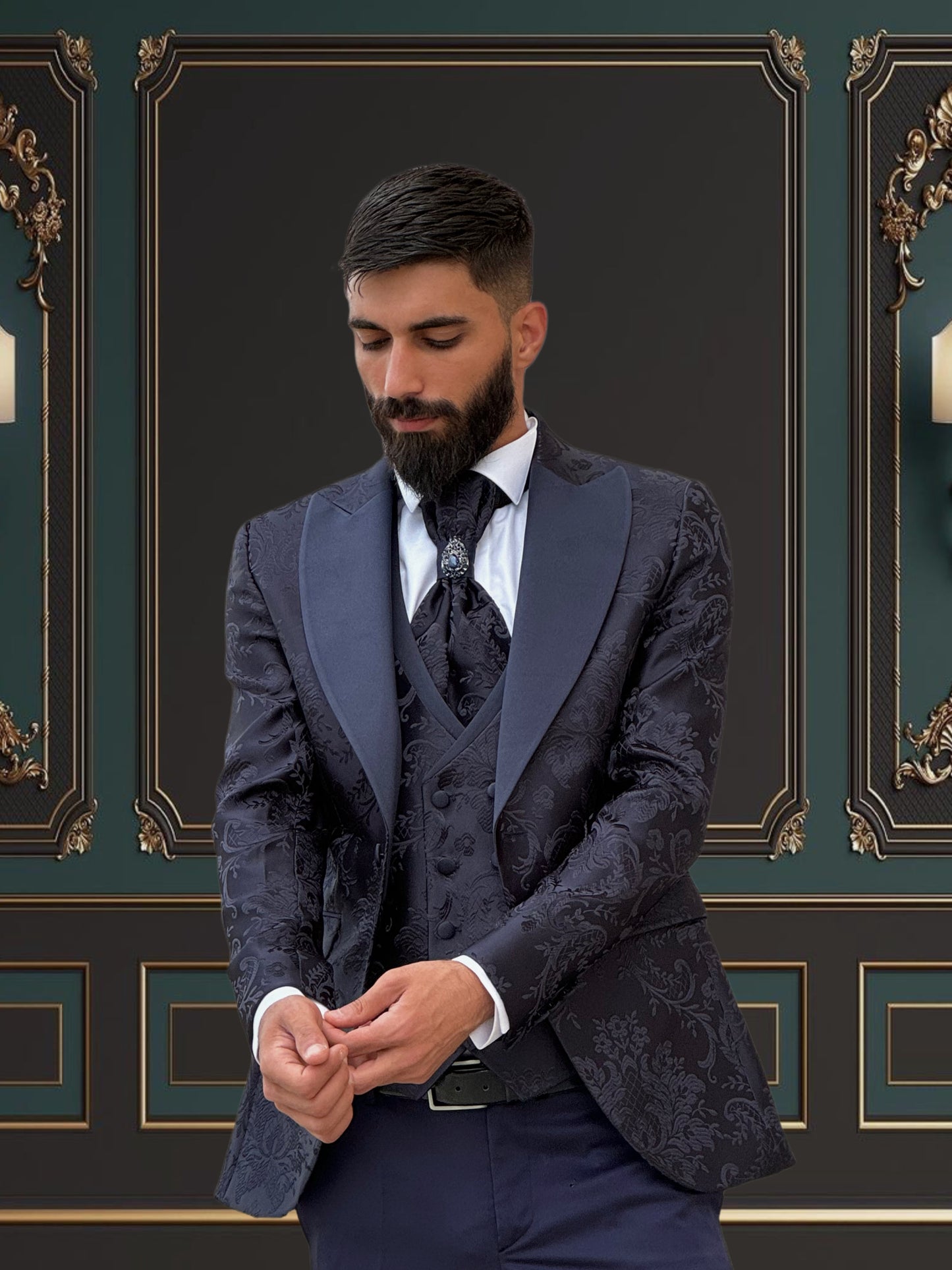 Men's Navy Blue Floral Design Tuxedo with Peak Lapel | Weddings & Events