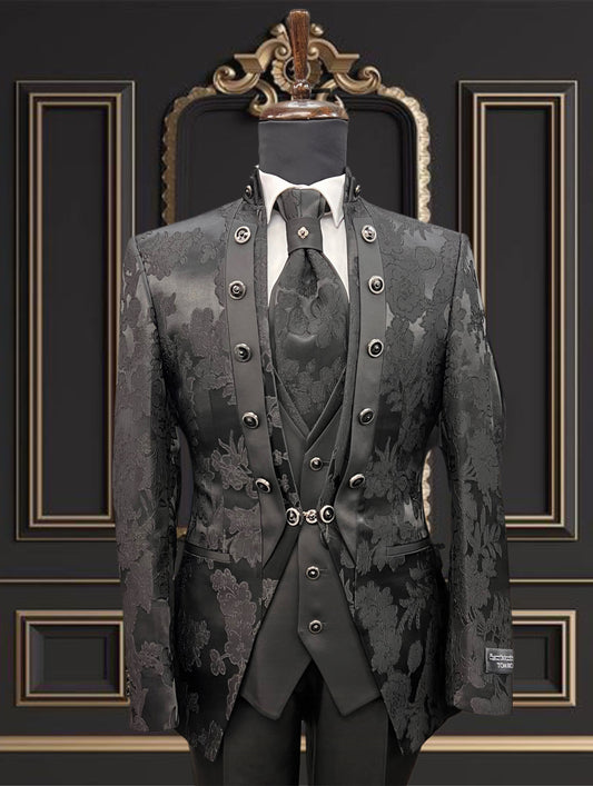 Floral Black Slim Fit Tuxedo with Mandarin Collar | Unique & Elegant