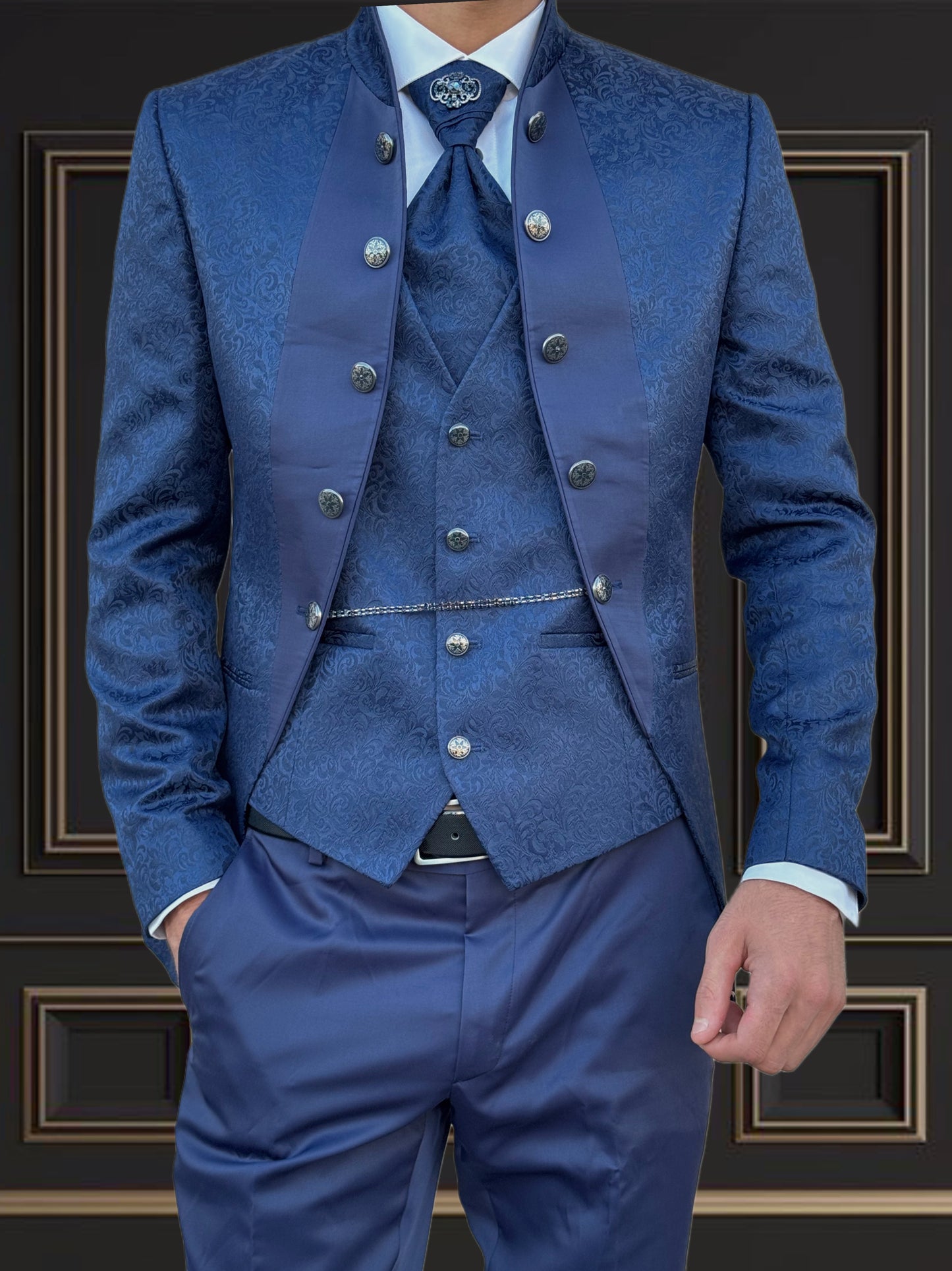 Men's Blue Mandarin Collar Tuxedo | Slim Fit Premium Formal Wear