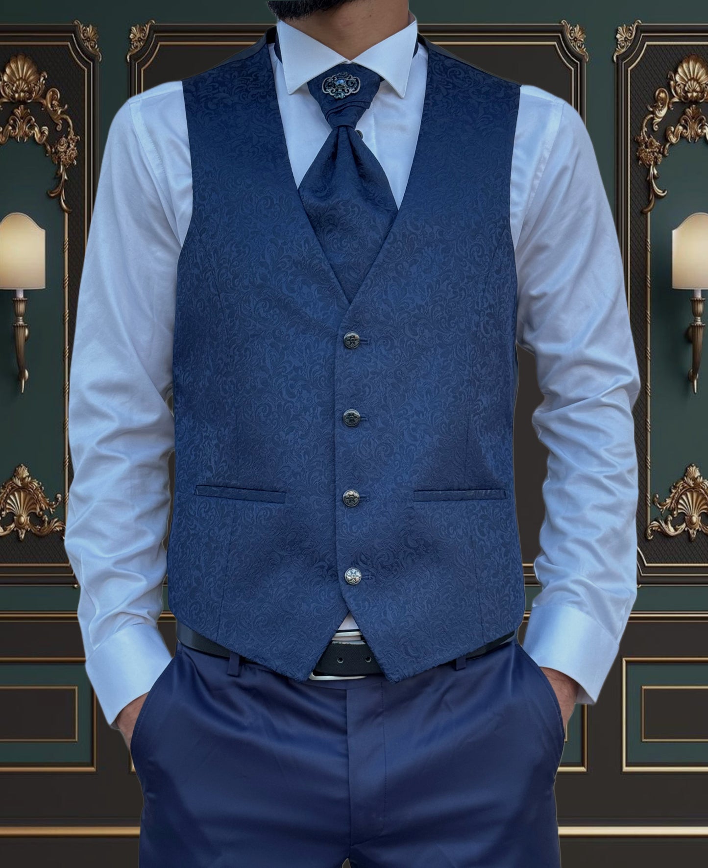 Men's Blue Mandarin Collar Tuxedo | Slim Fit Premium Formal Wear