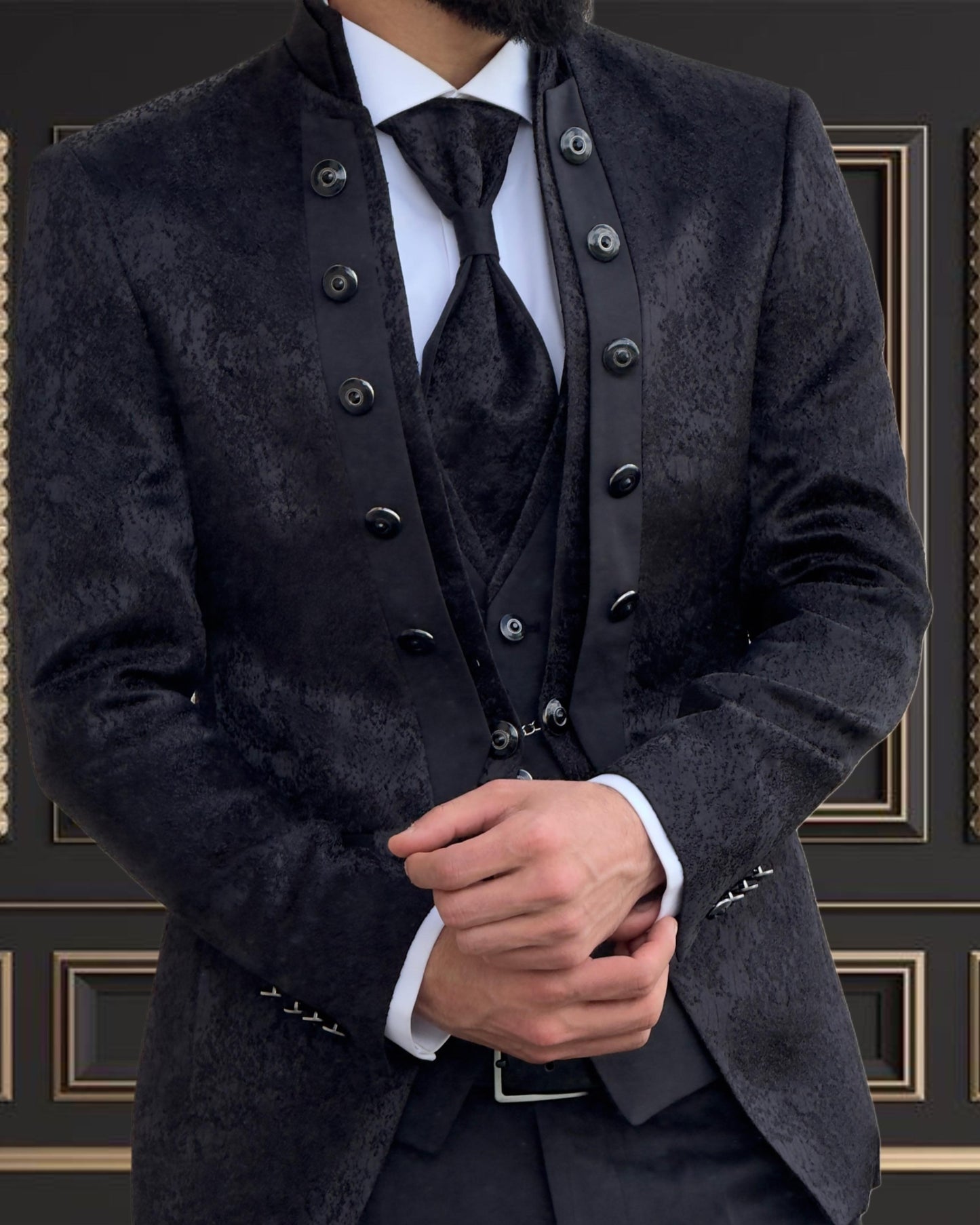Men's Black Floral Tuxedo Mandarin Collar Tuxedo | Premium Tux