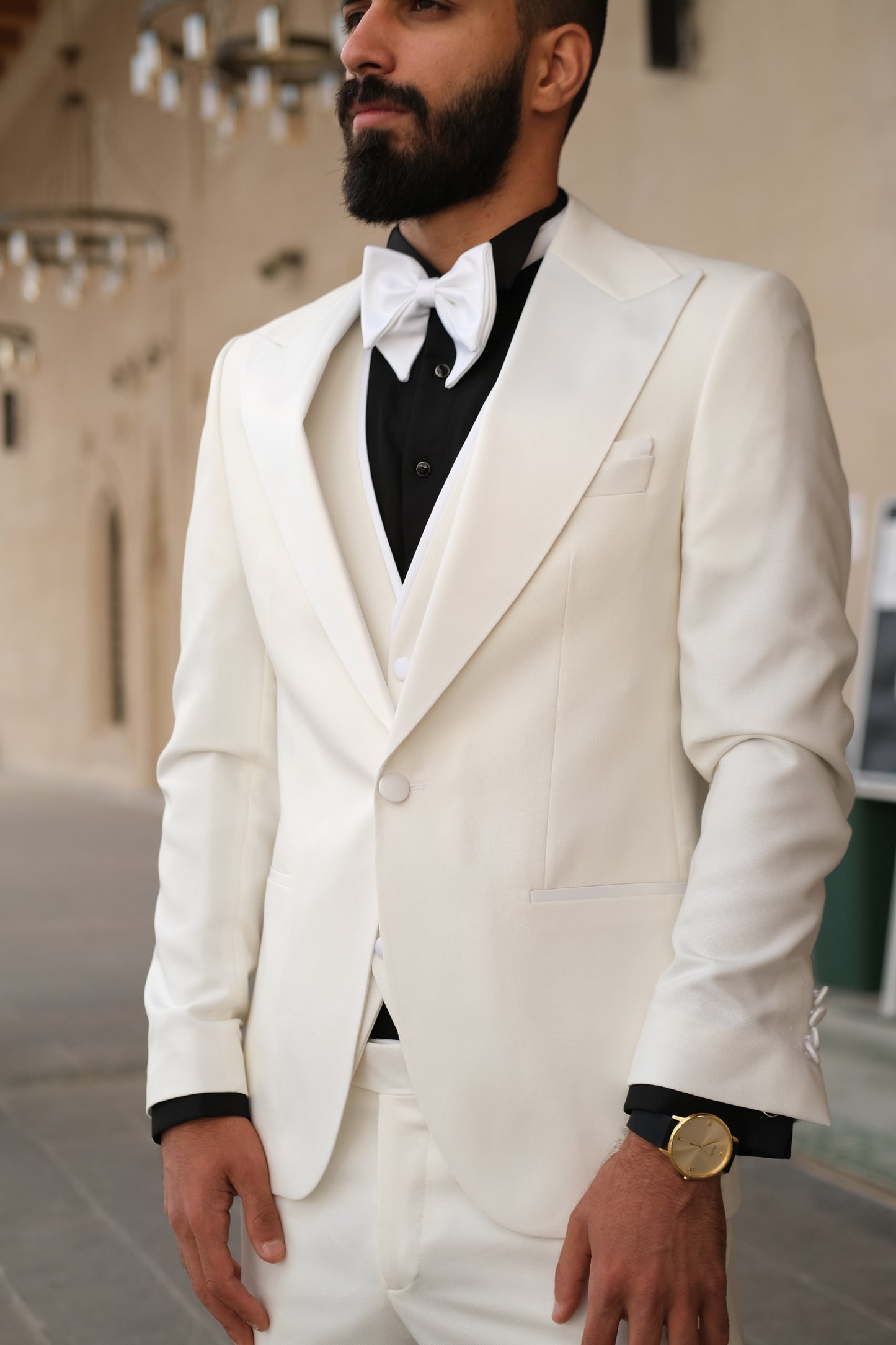 Premium Slim Fit all Off White Color Wedding Tuxedo _ White Peak  Lapel special sleeves