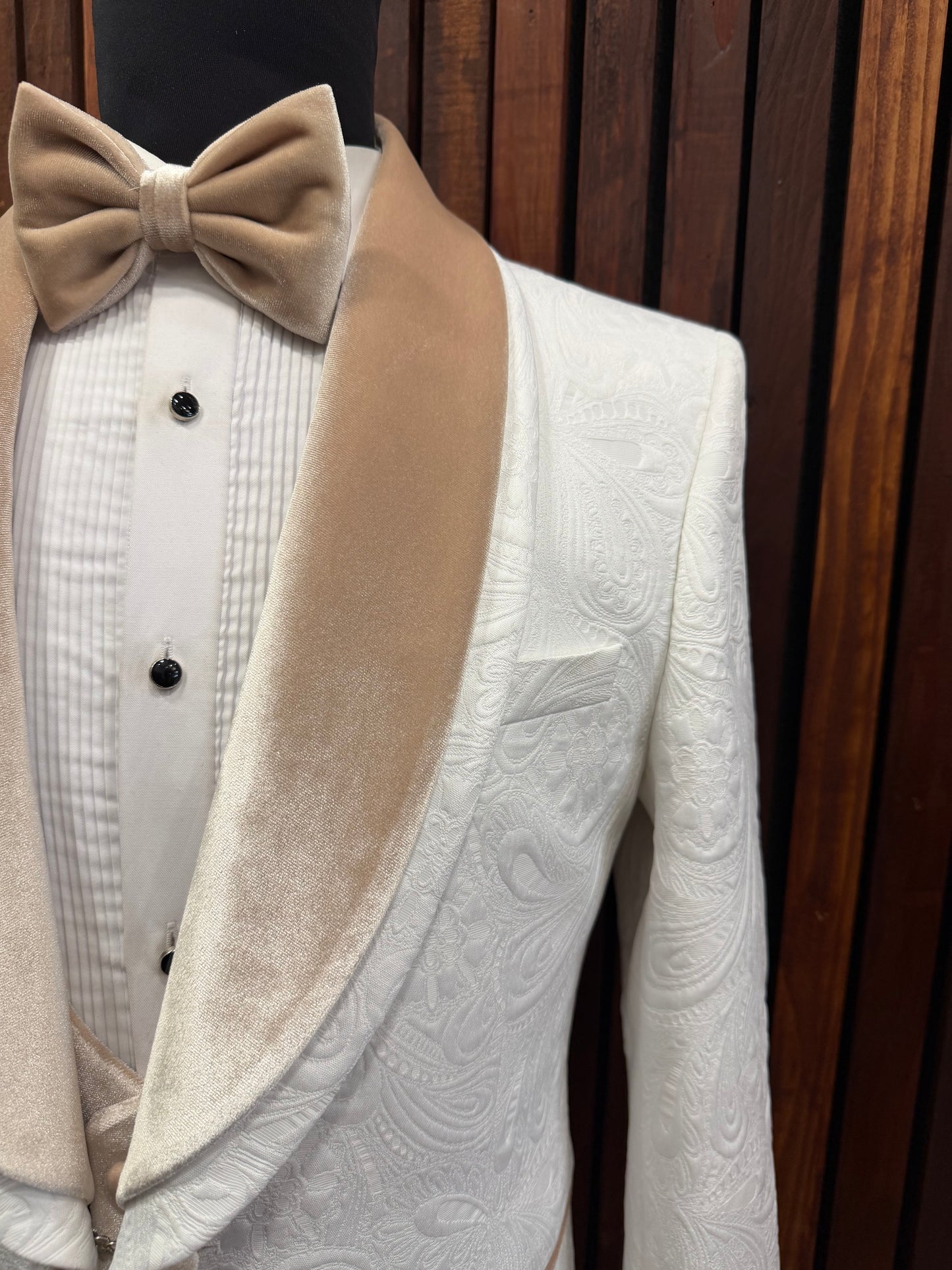 Mens White Tuxedo with champagne velvet lapel
