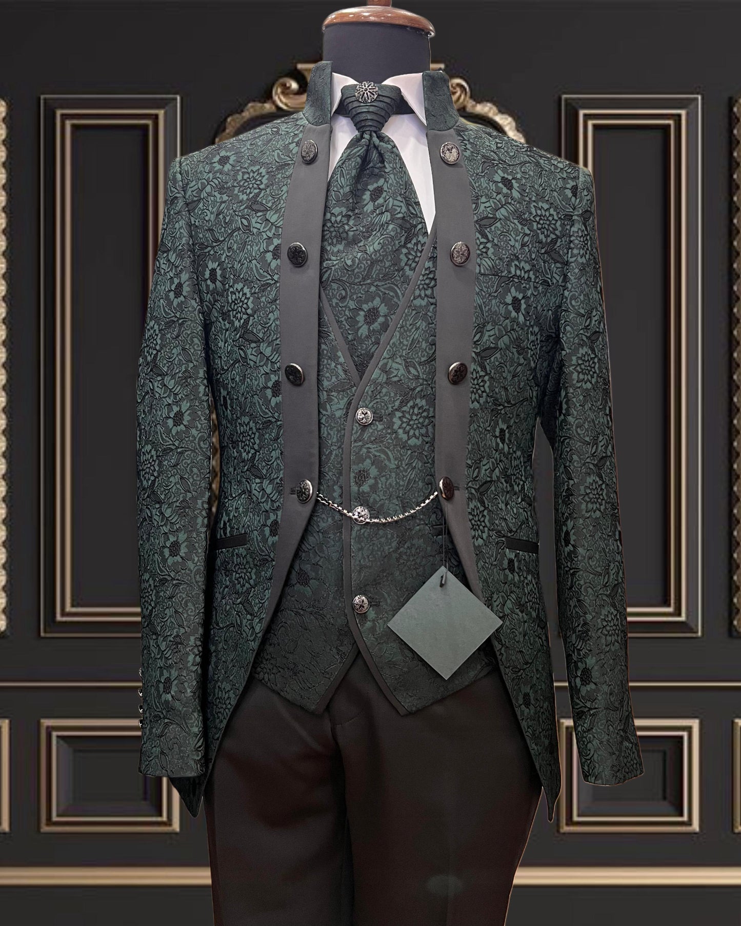 Men's Green Floral Mandarin Collar Tuxedo
