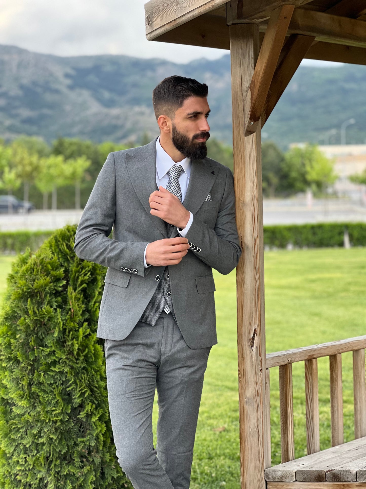 Mens Slim Fit Gray Suit | 3 Piece Wool Suit premium 4 way stretch