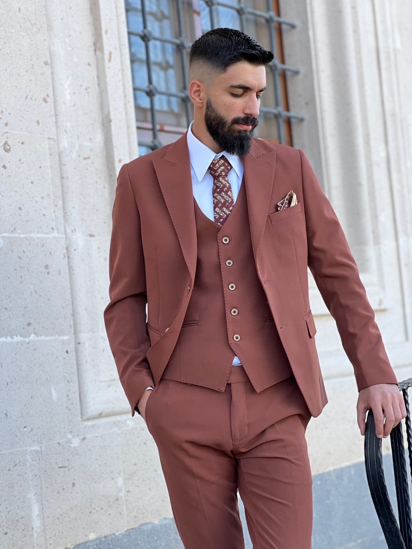 Mens Slim Fit Rust Color Suit | 3 Piece Wool Suit premium 4 way stretch