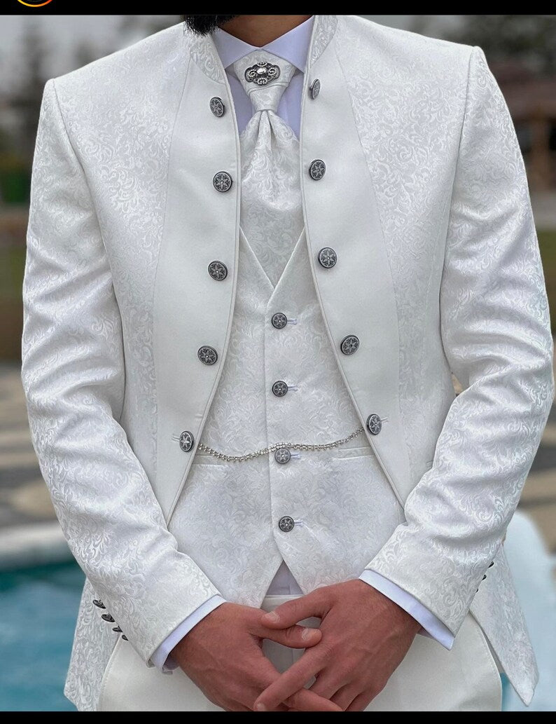 Men's Off White Floral Tuxedo with Mandarin Collar | Slim Fit Premium Tux