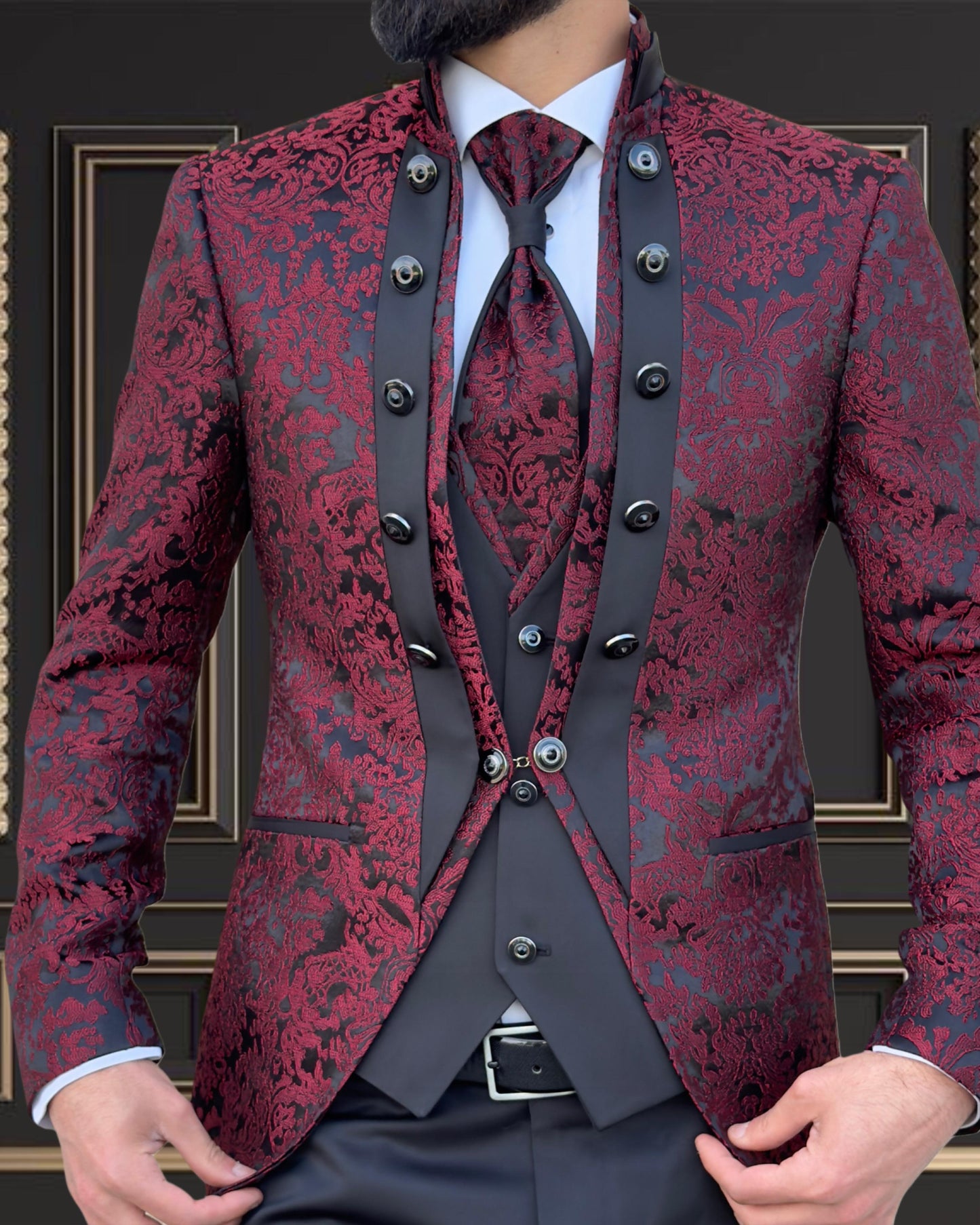 Men's Burgundy Mandarin Collar Tuxedo | Slim Fit Premium Tux