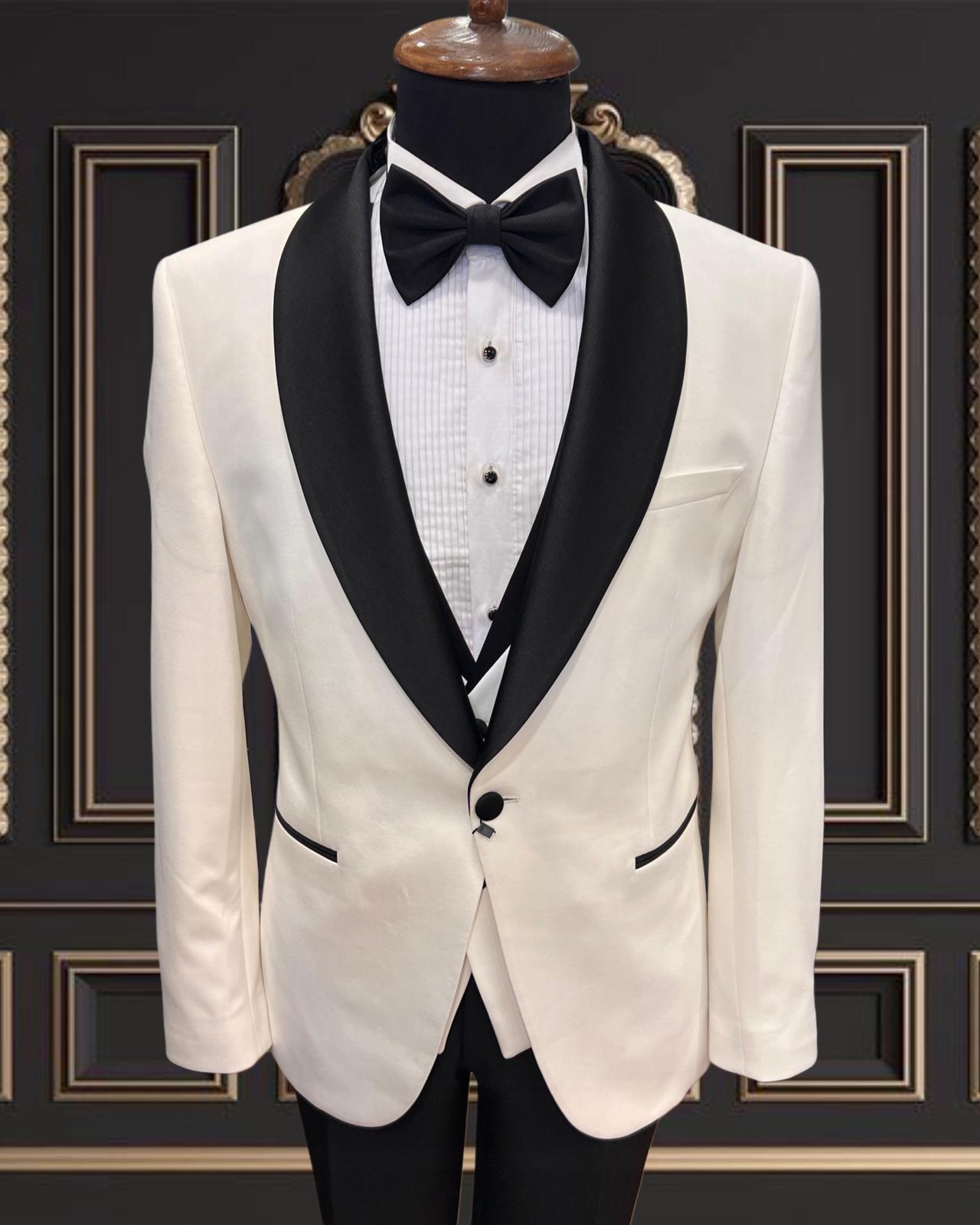 Men’s White Tuxedo with Black Shawl Lapel  – Perfect for Weddings & Galas