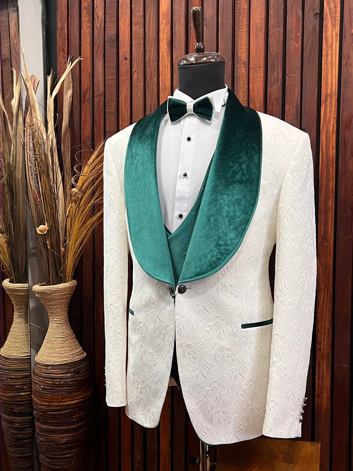 Mens White Tuxedo with Green Velvet Shawl Lapel Slim fit 3 piece Tuxedo | Big And Tall | Weddings and Special Eventse