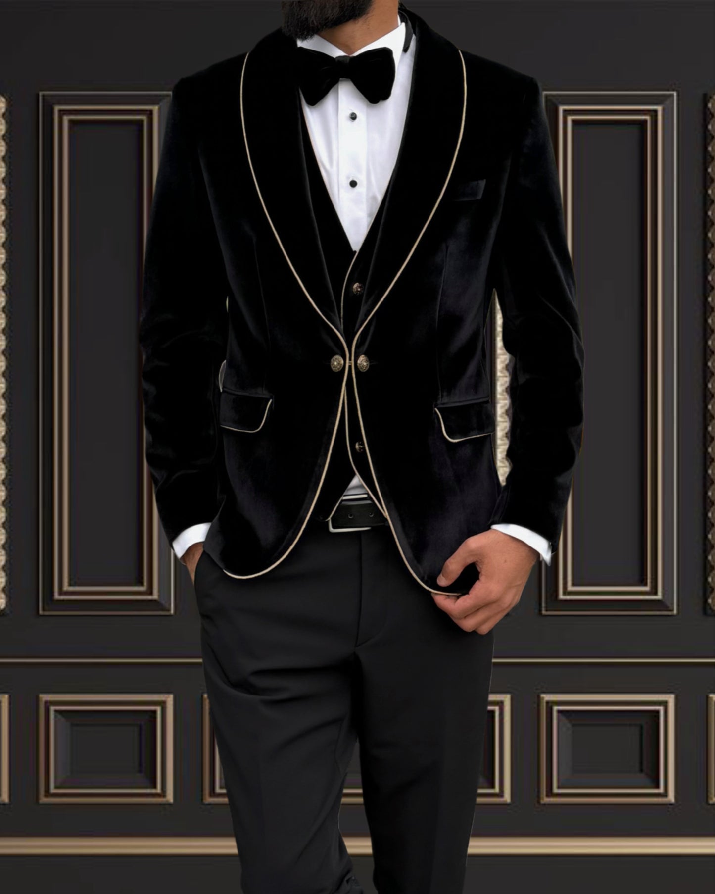 Men's Black Velvet Tuxedo with Gold Trimmed Shawl Lapel | Luxurious Formal Wear