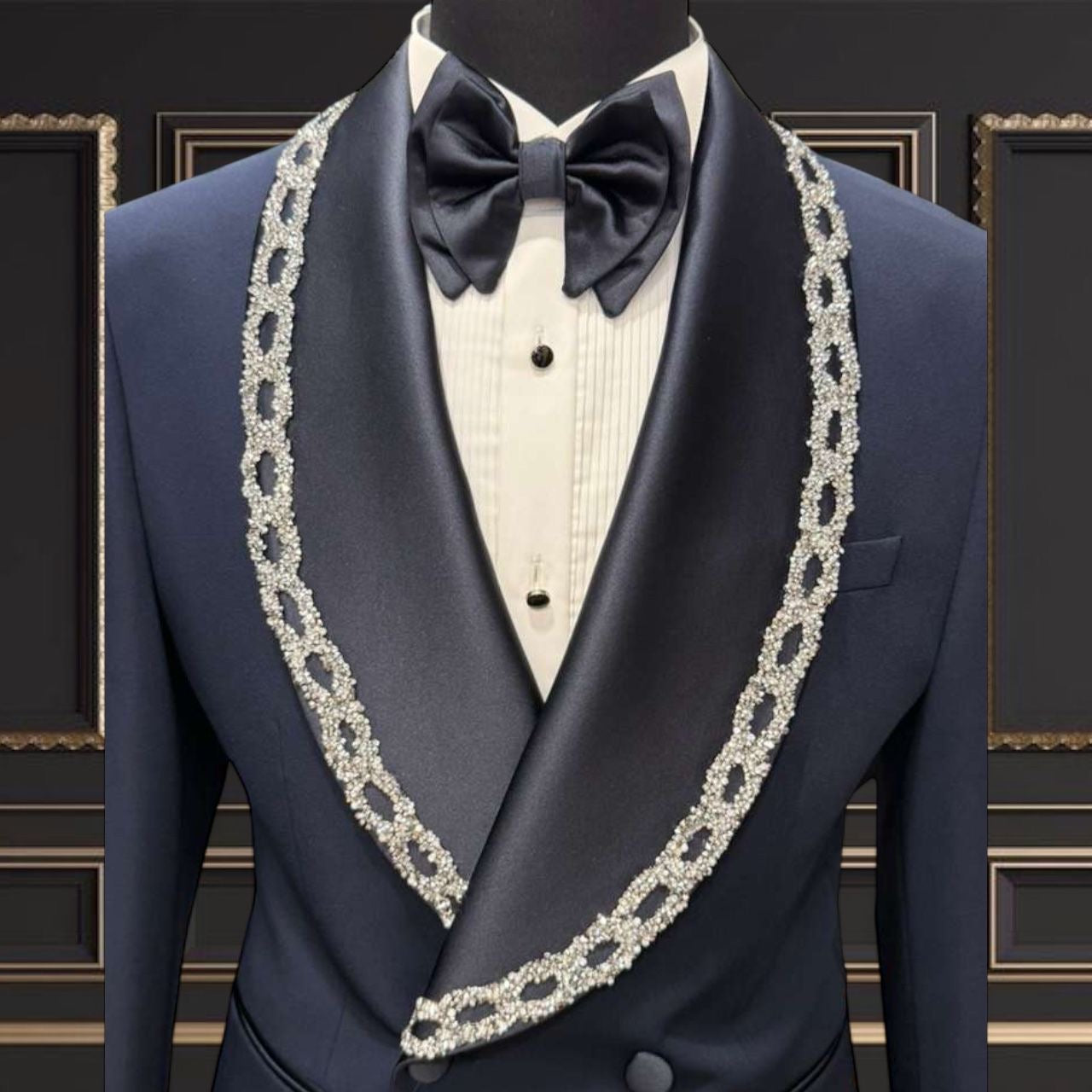 Men’s Navy Blue Double-Breasted Tuxedo with Embroidered Shawl Lapel