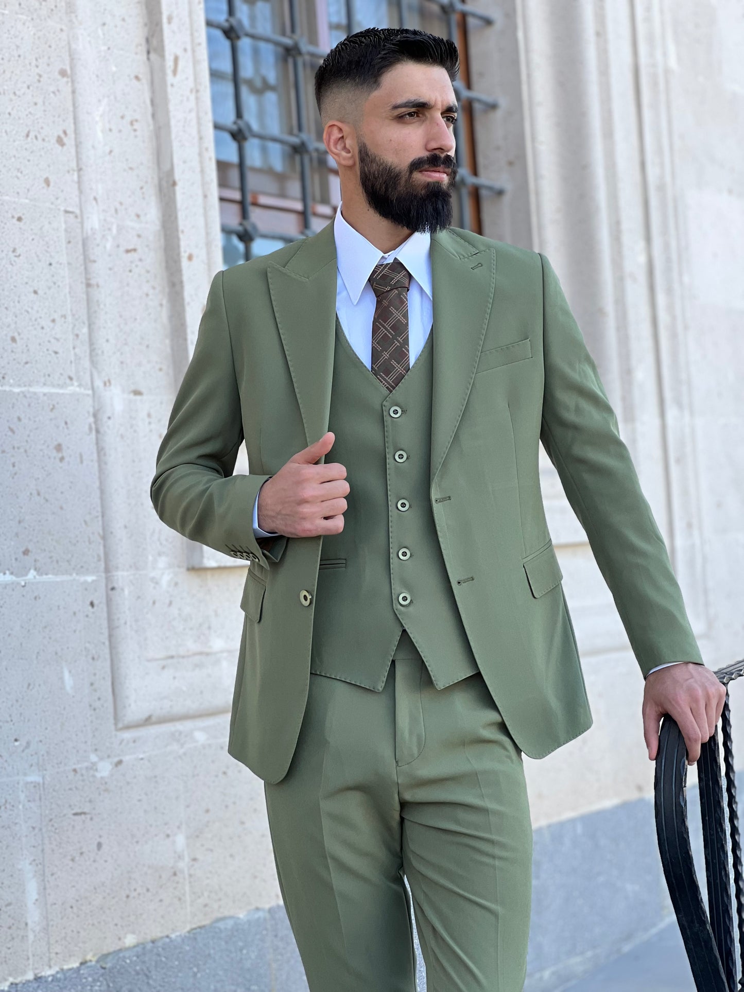 Mens Slim Fit Sage Green Color Suit | 3 Piece Wool Suit premium 4 way stretch