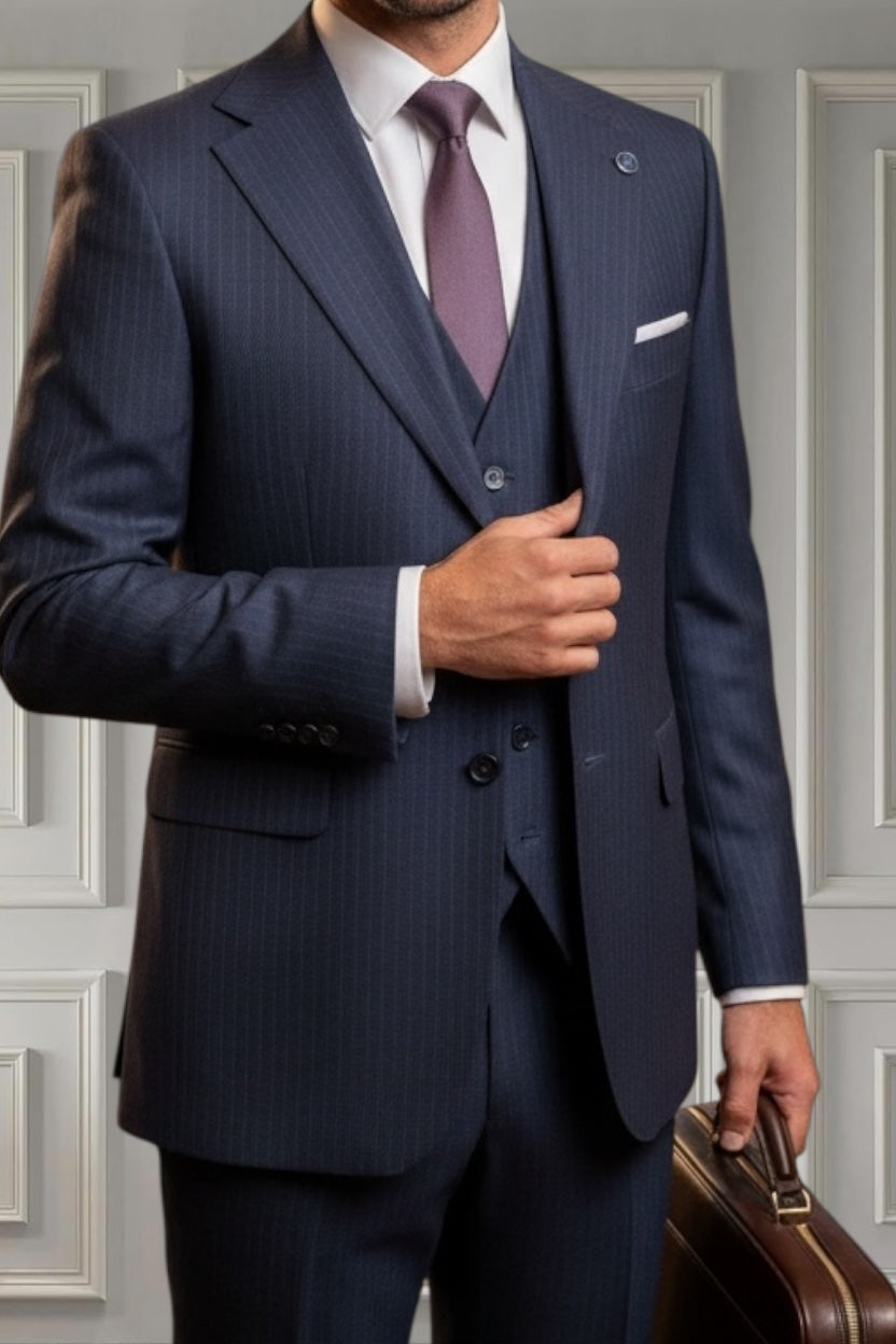 Men’s Navy Blue Pinstripe 3-Piece Suit | Slim Fit Formal Suit