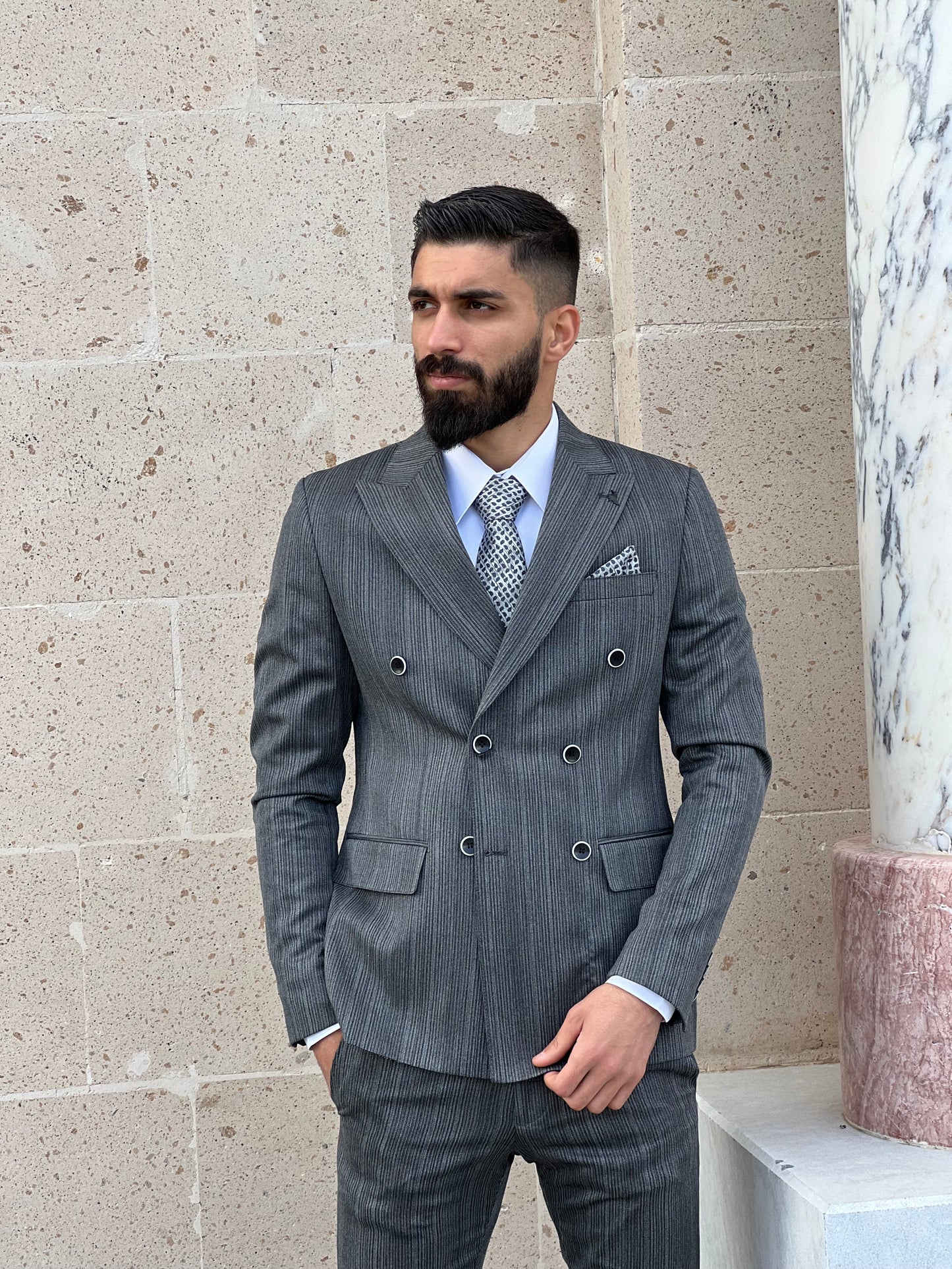 Mens Slim Fit stripped Gray Suit | Double Breasted Wool Suit premium 4 way stretch