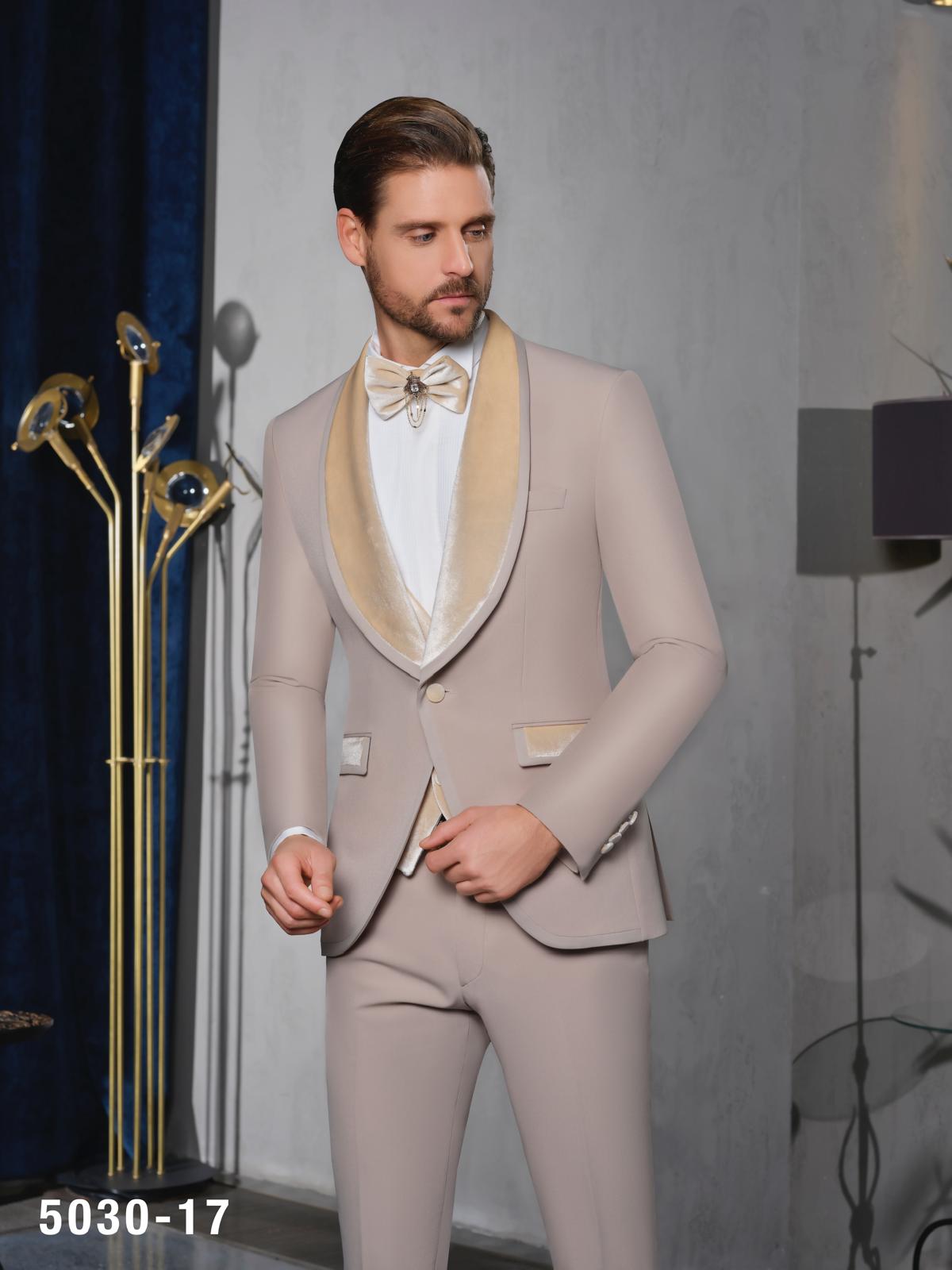 Mens Beige And Champagne Color Tuxedo | Shawl Velvet Lapel Tuxedo | Wedding & Special Events