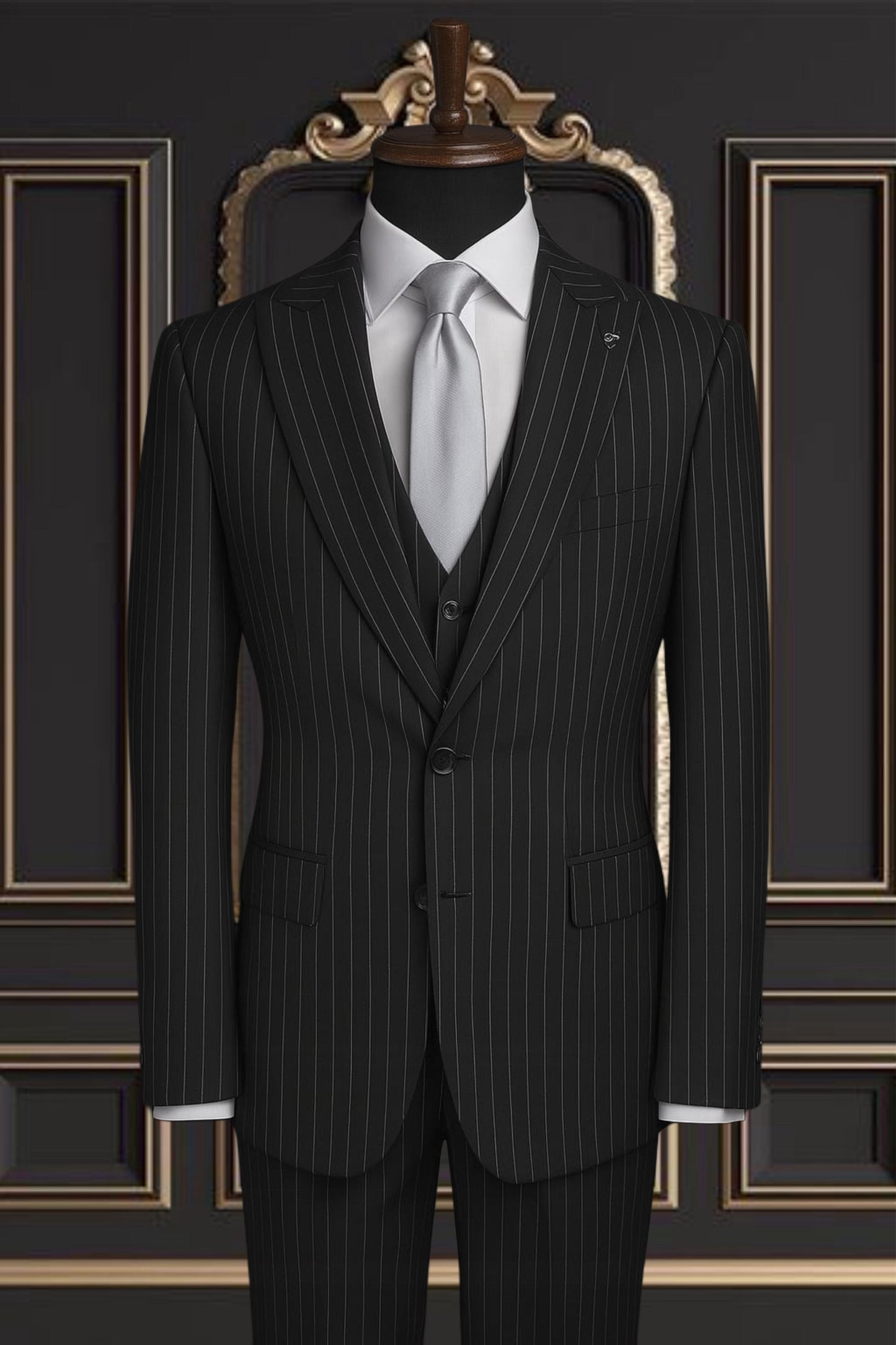 Men’s Black Pinstripe Suit with Silver Lines