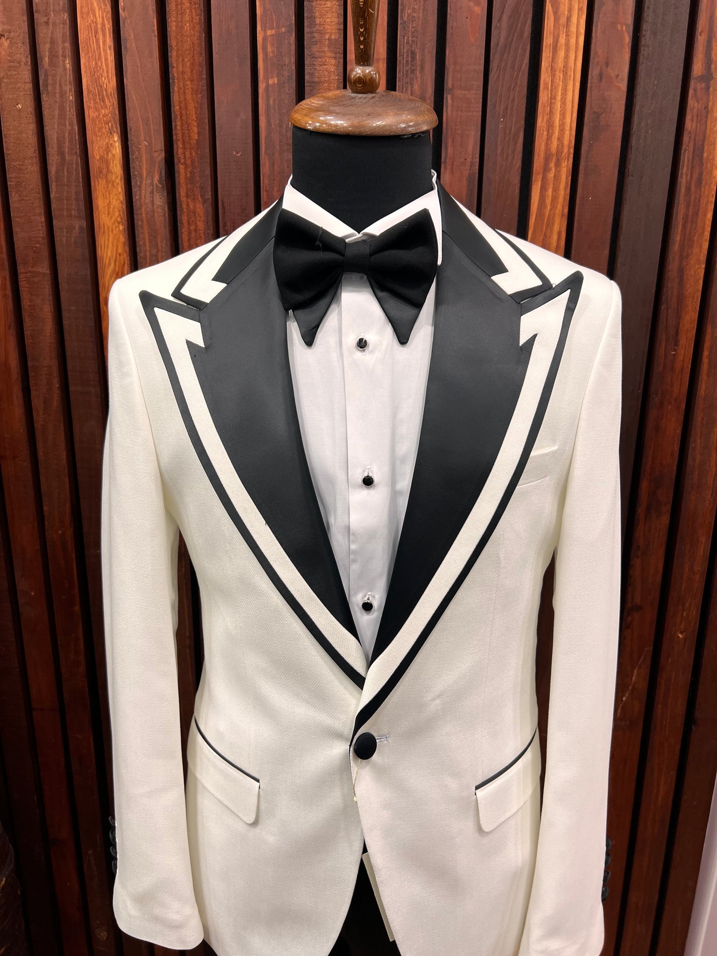 Premium Men's White Tuxedo with Black Peak Lapel & Black Pants – Elegant & Modern