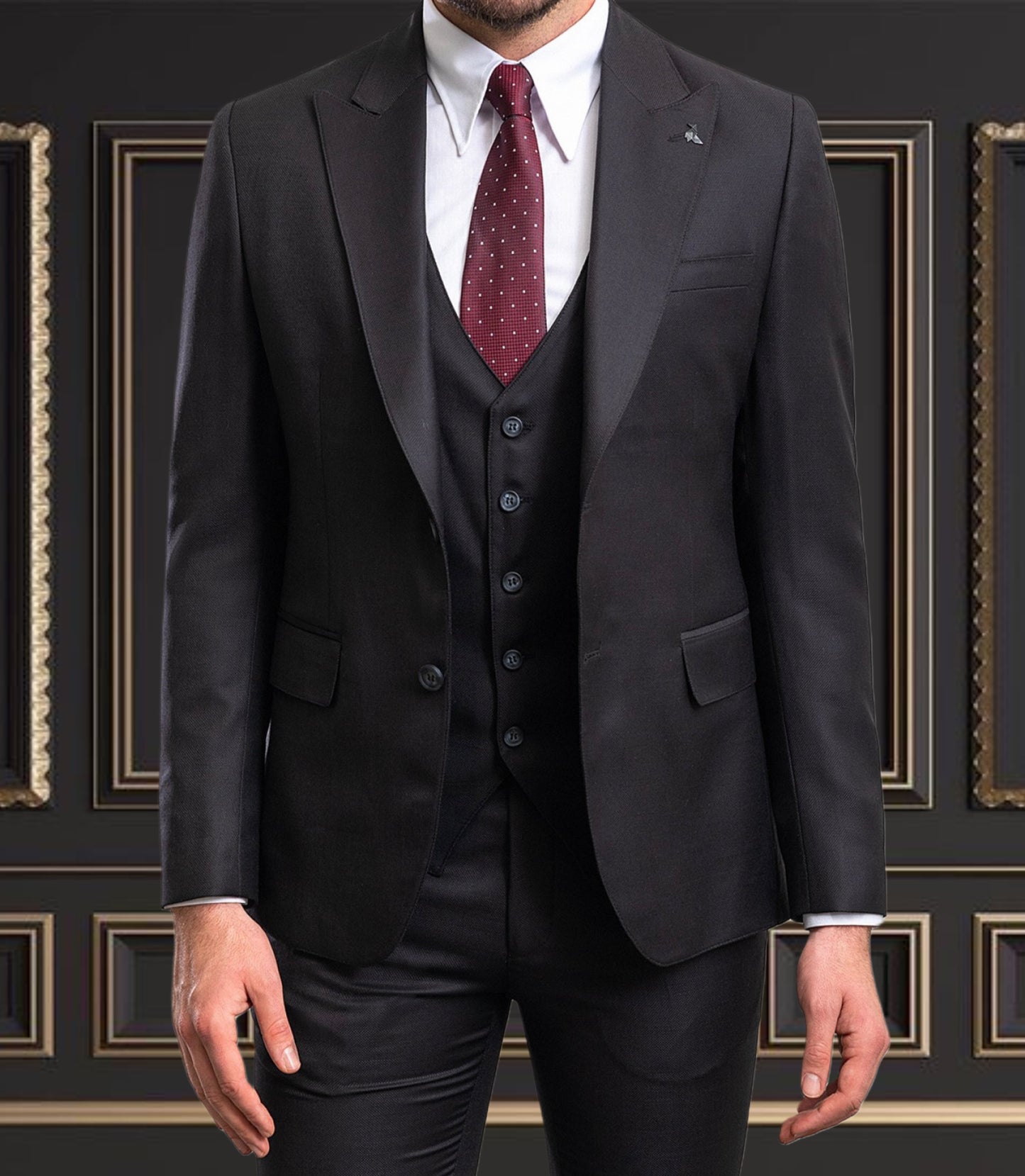 Premium men's black wool suit with vest and tie, perfect for formal events and weddings.