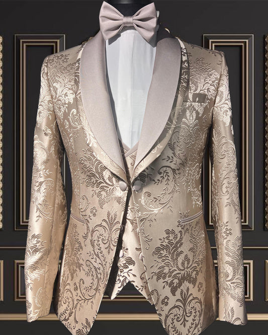 Premium Men's Gold Floral Tuxedo with Beige Shawl Lapel – Elegant & Modern