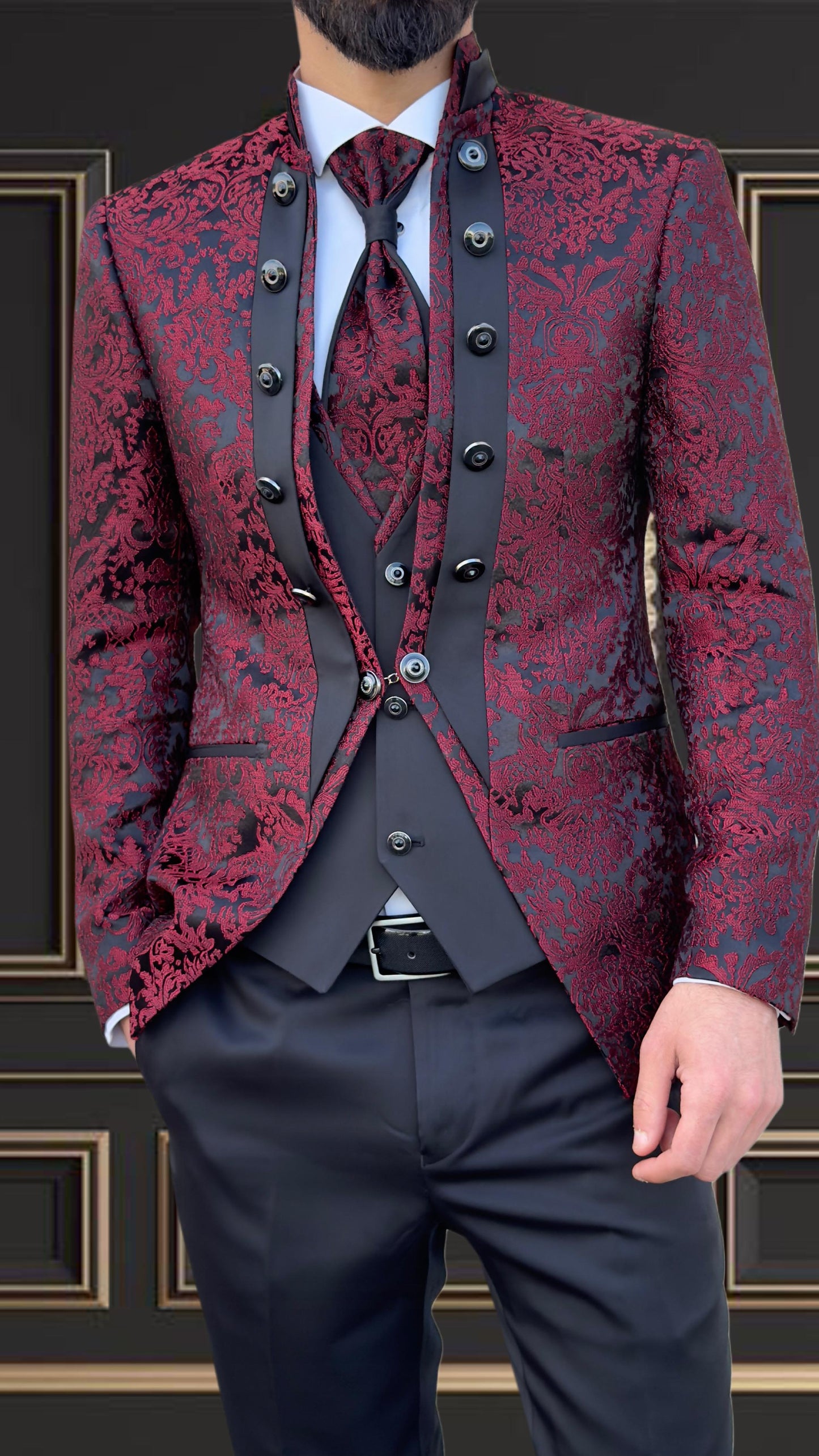 Men's Burgundy Mandarin Collar Tuxedo | Slim Fit Premium Tux