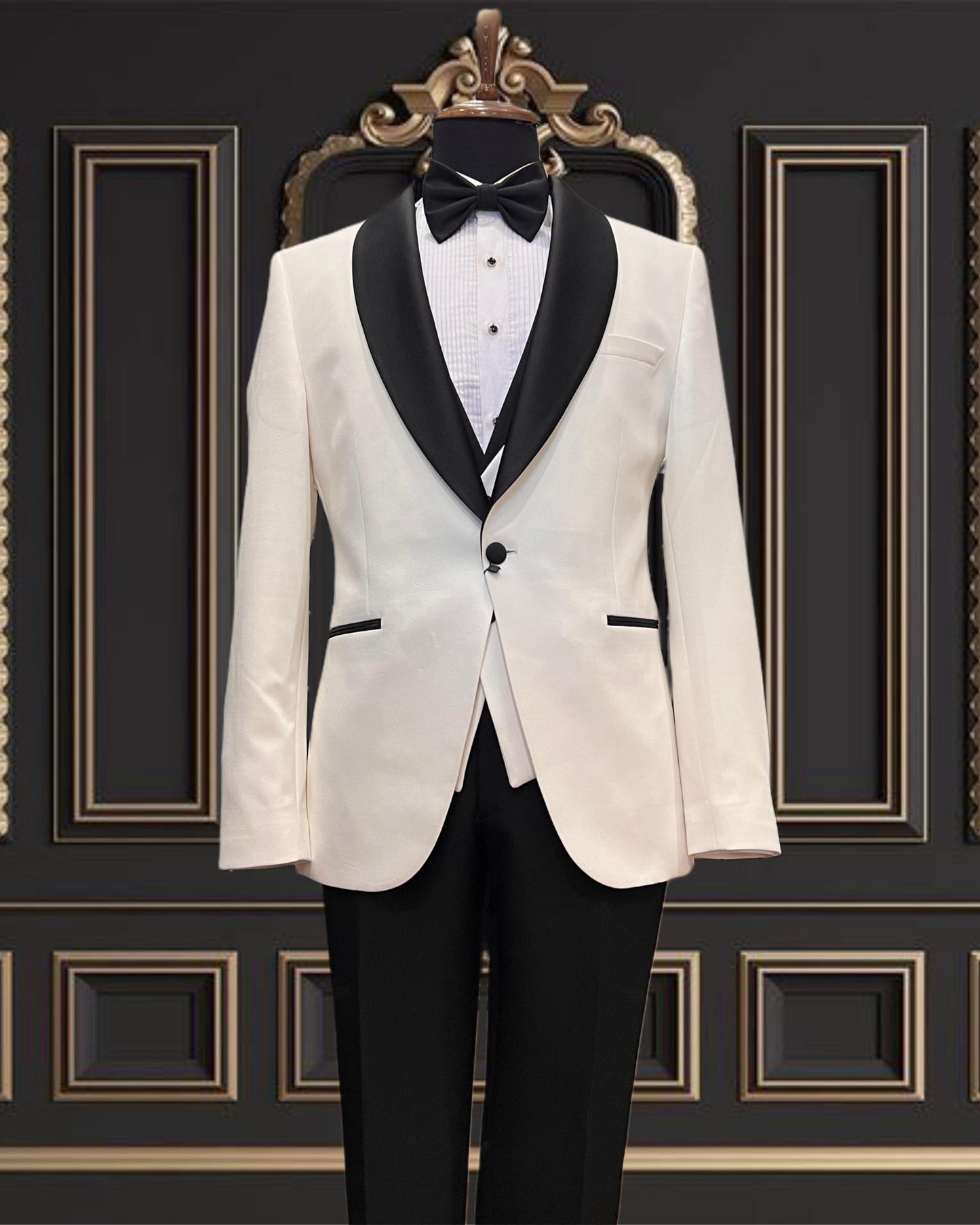 Men’s White Tuxedo with Black Shawl Lapel  – Perfect for Weddings & Galas