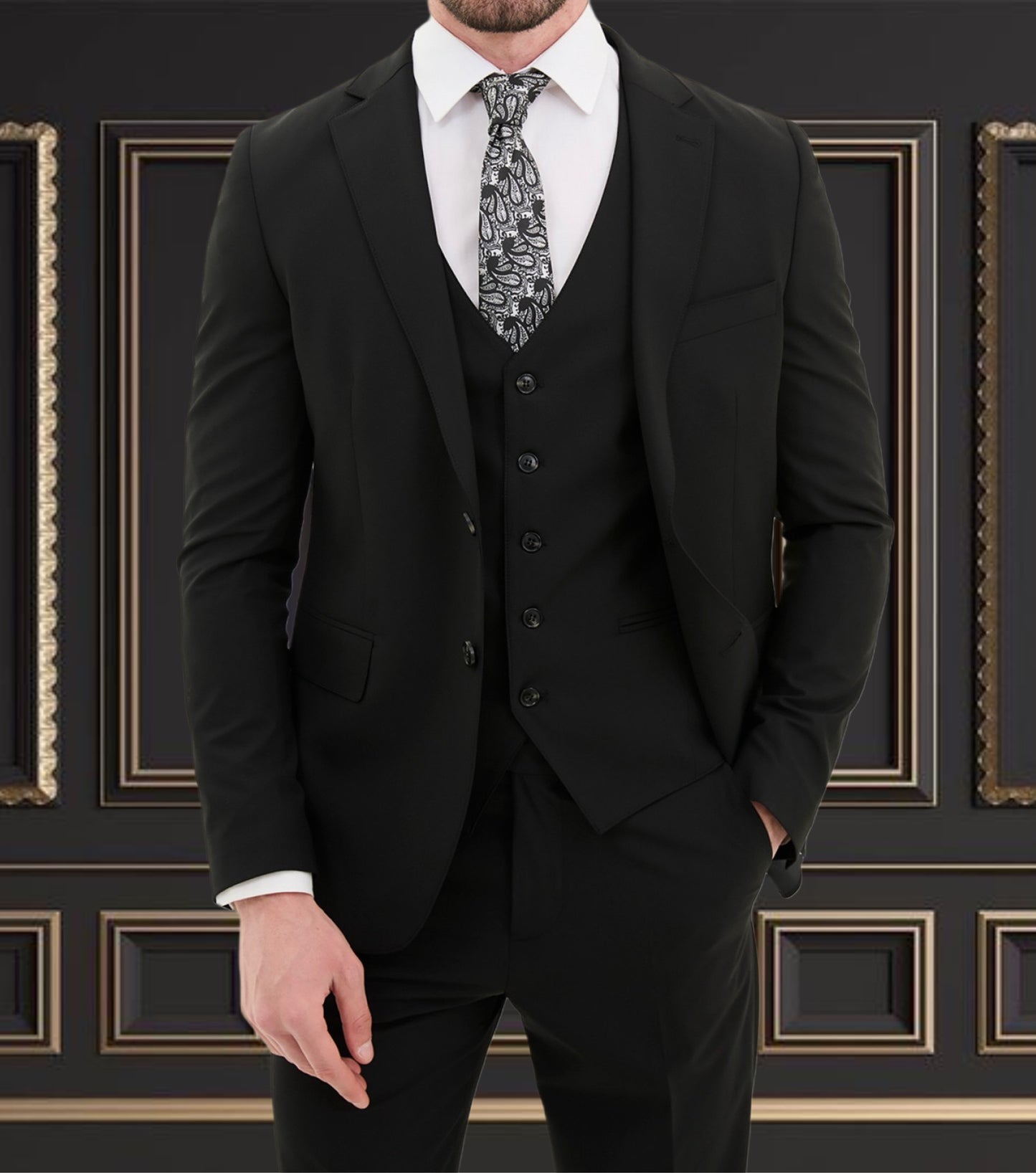 Men's black slim fit 3-piece suit with stylish tie against an elegant background.