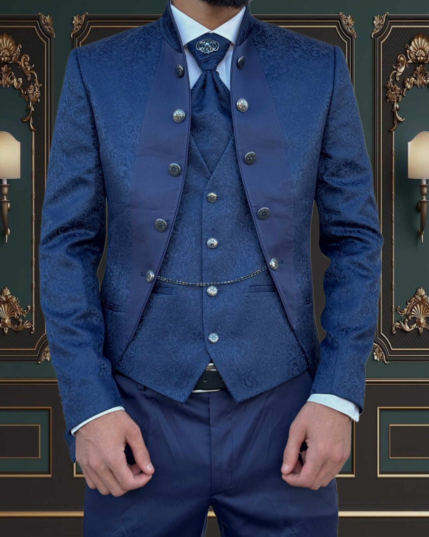 Men's Blue Mandarin Collar Tuxedo | Slim Fit Premium Formal Wear