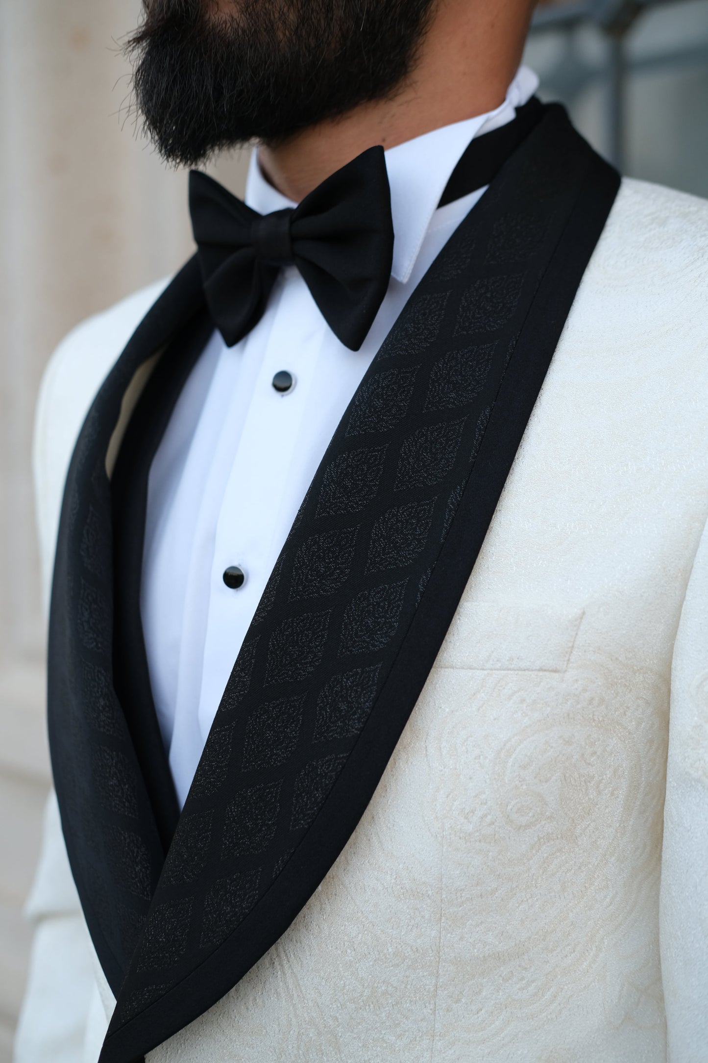 Premium Slim Fit Off White Color Wedding Tuxedo _ Shawl Black Lapel special sleeves