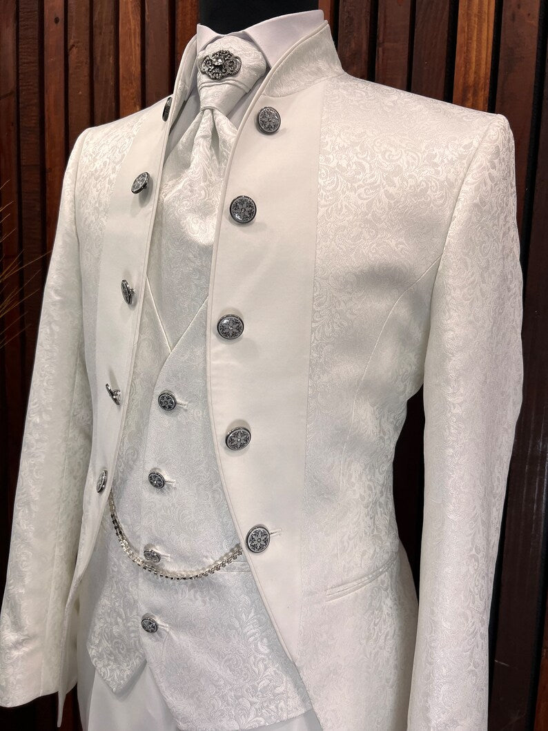 Men's Off White Floral Tuxedo with Mandarin Collar | Slim Fit Premium Tux