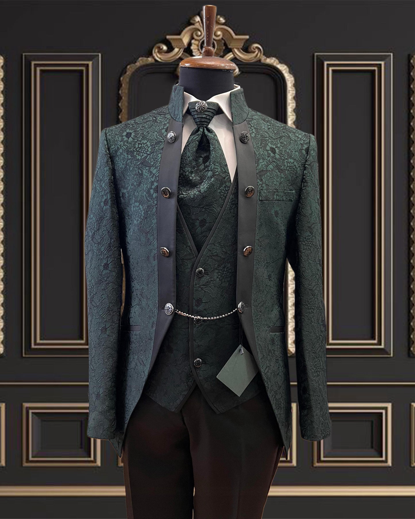Men's Green Floral Mandarin Collar Tuxedo