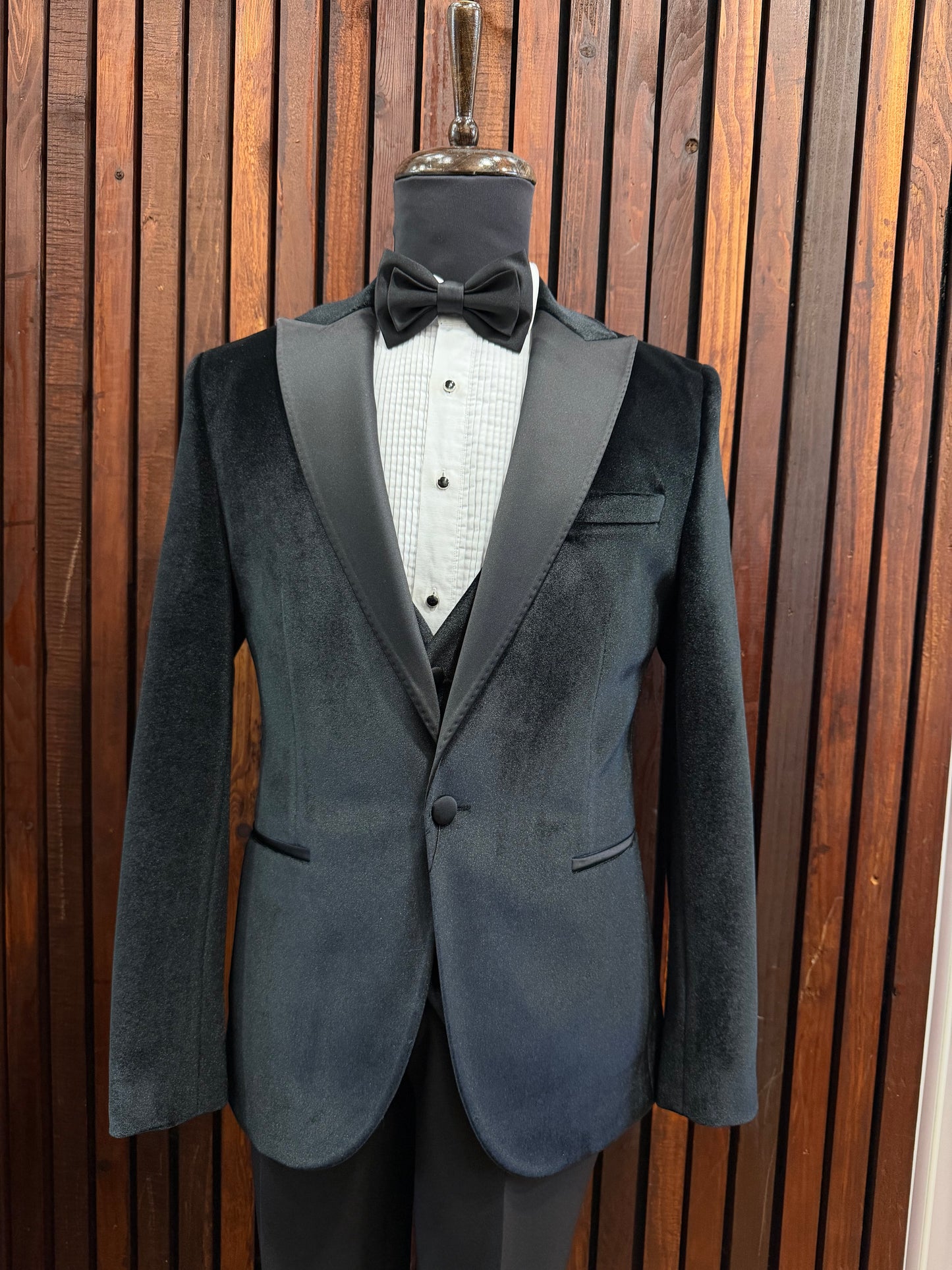 Mens Black Velvet Tuxedo with Satan Peak Lapel