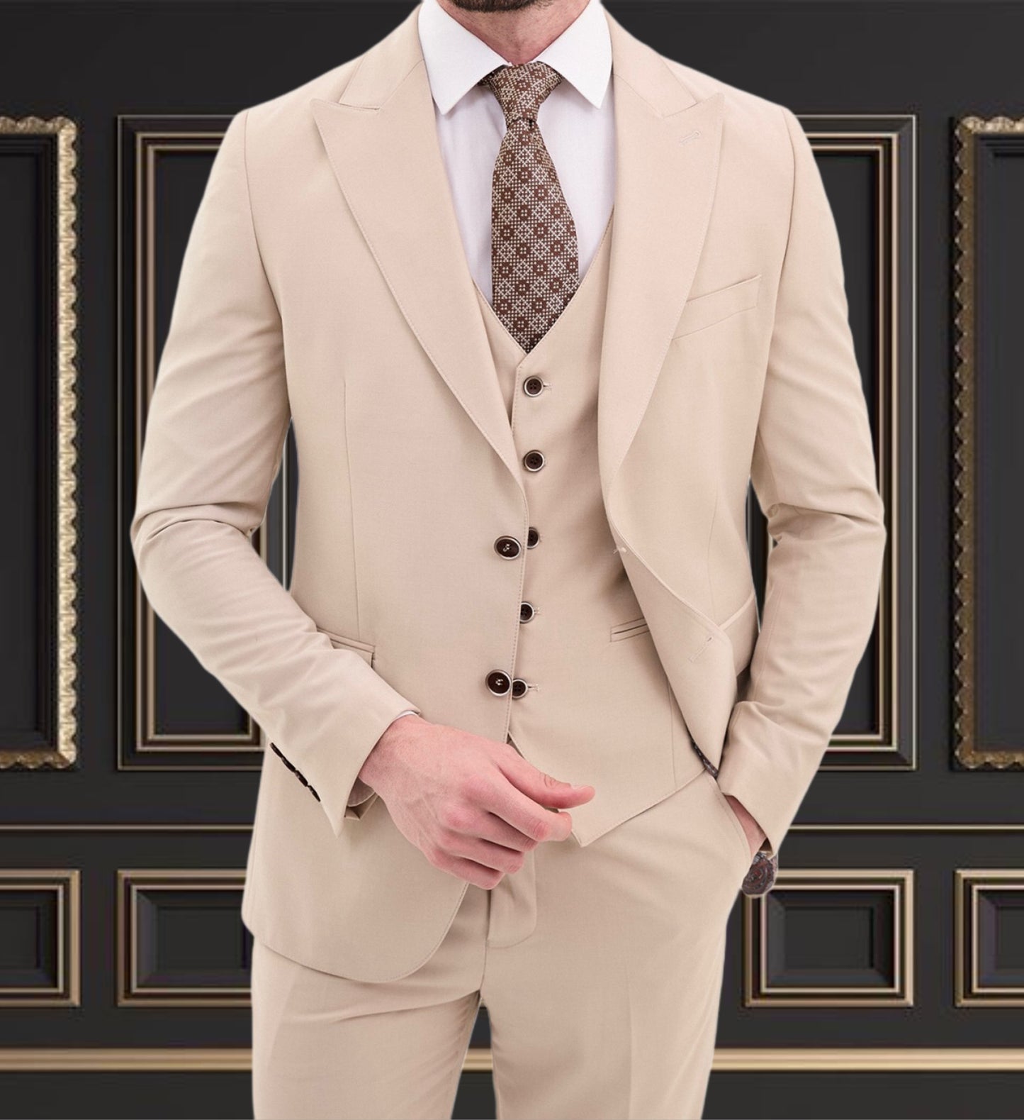 Men's stone beige slim fit 3-piece suit featuring a stylish vest and tie, perfect for formal occasions and events.