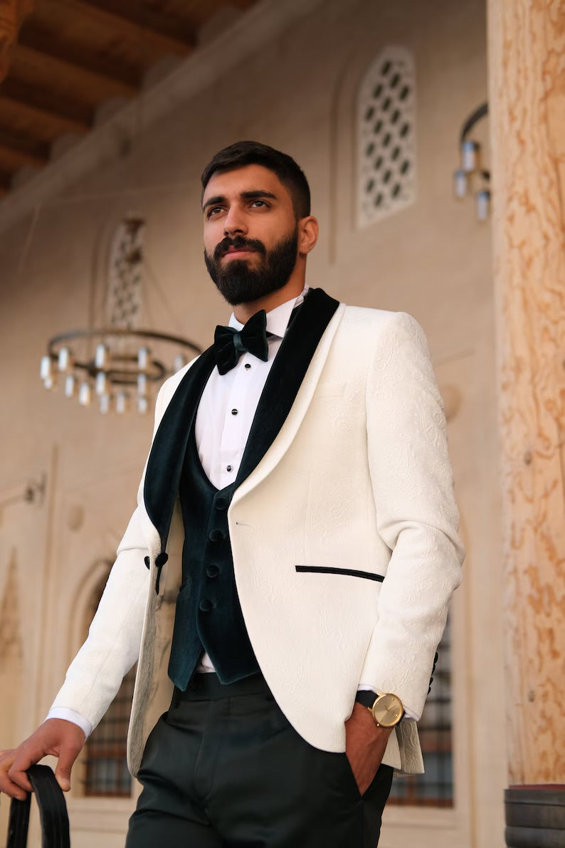 Mens white tuxedo with Green velvet lapel Slim fit 3 piece Tuxedo | Premium